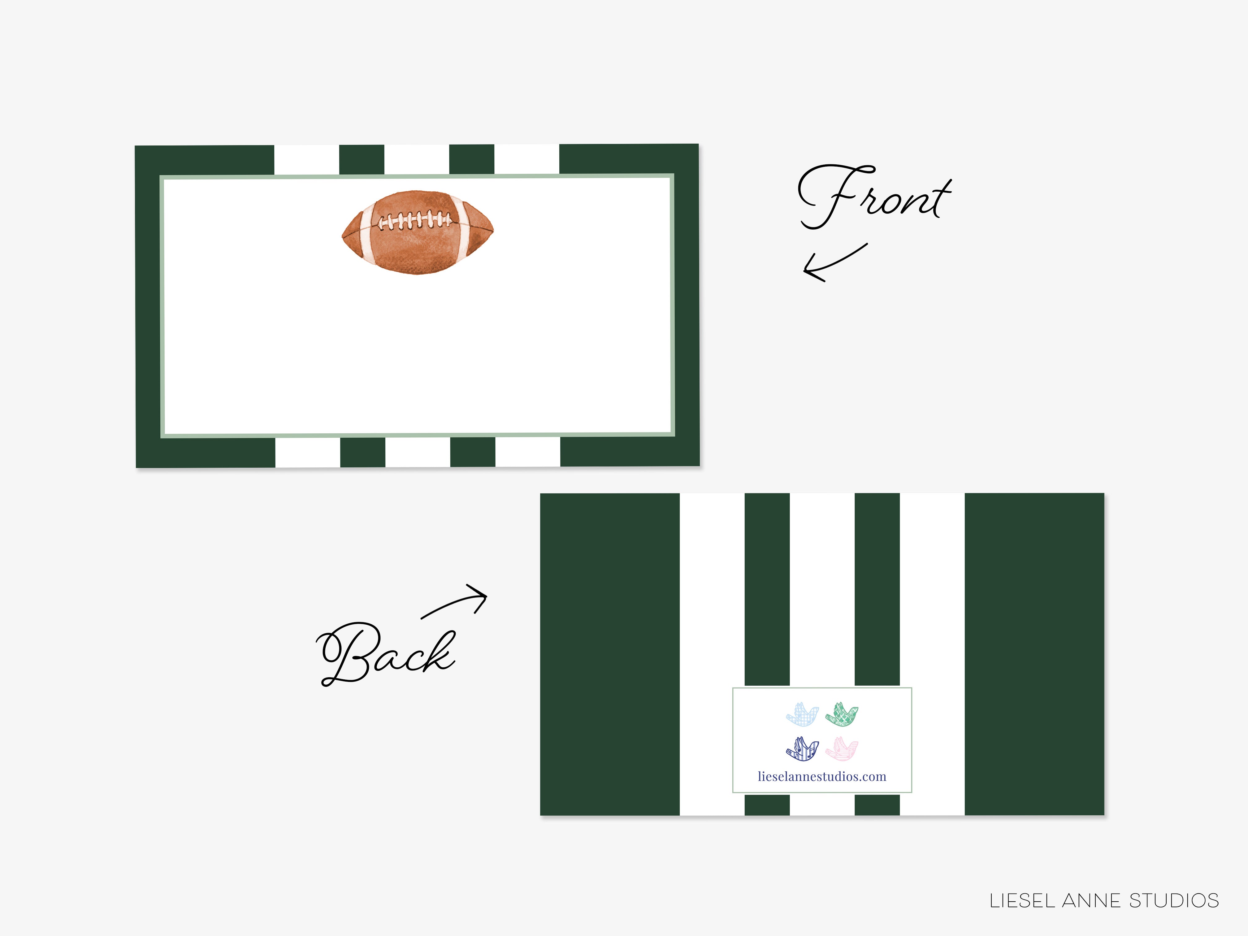 a graphic design featuring a football and a green and white striped background. The design includes a front and back view, as well as a small graphic element with text and a website address.