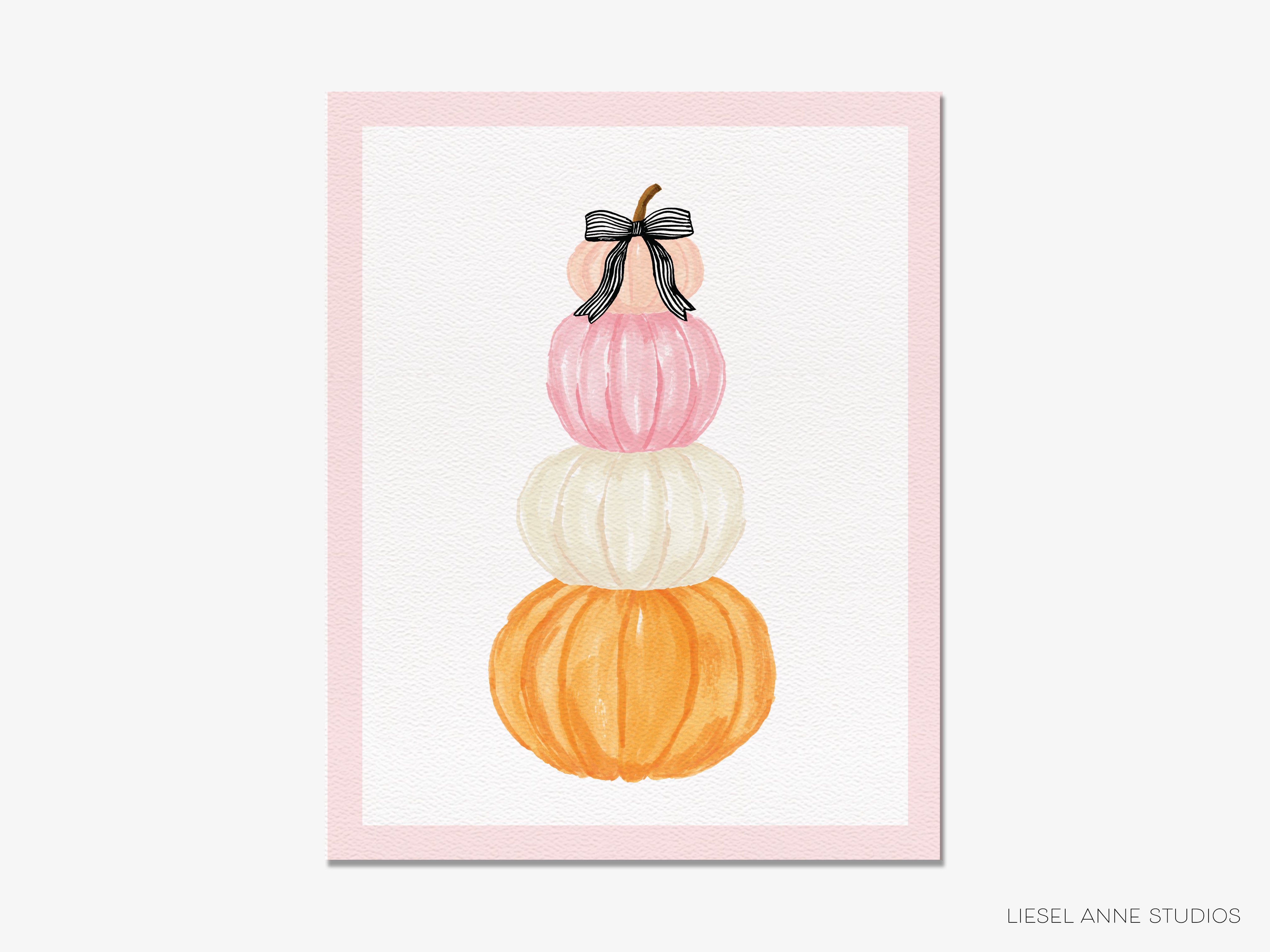 A watercolor painting of three stacked pumpkins in different colors - pink, white, and orange.