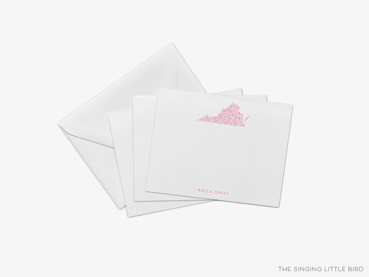a set of white greeting cards with a pink Virginia state map design on the front, and the name 'KAYLLE JONES' printed on the back.