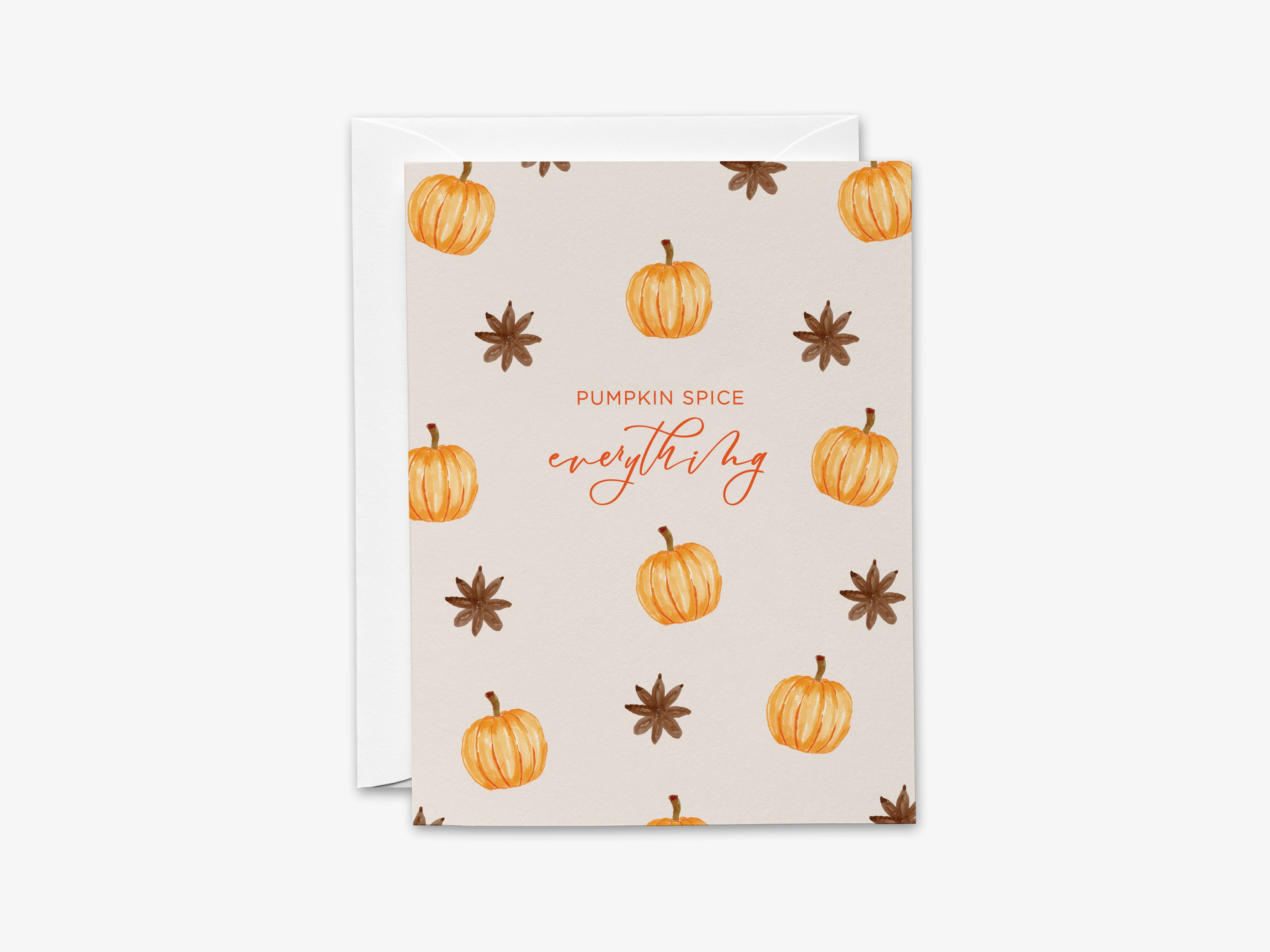 The image is a greeting card with a repeating pattern of pumpkins and star anise on a light background.