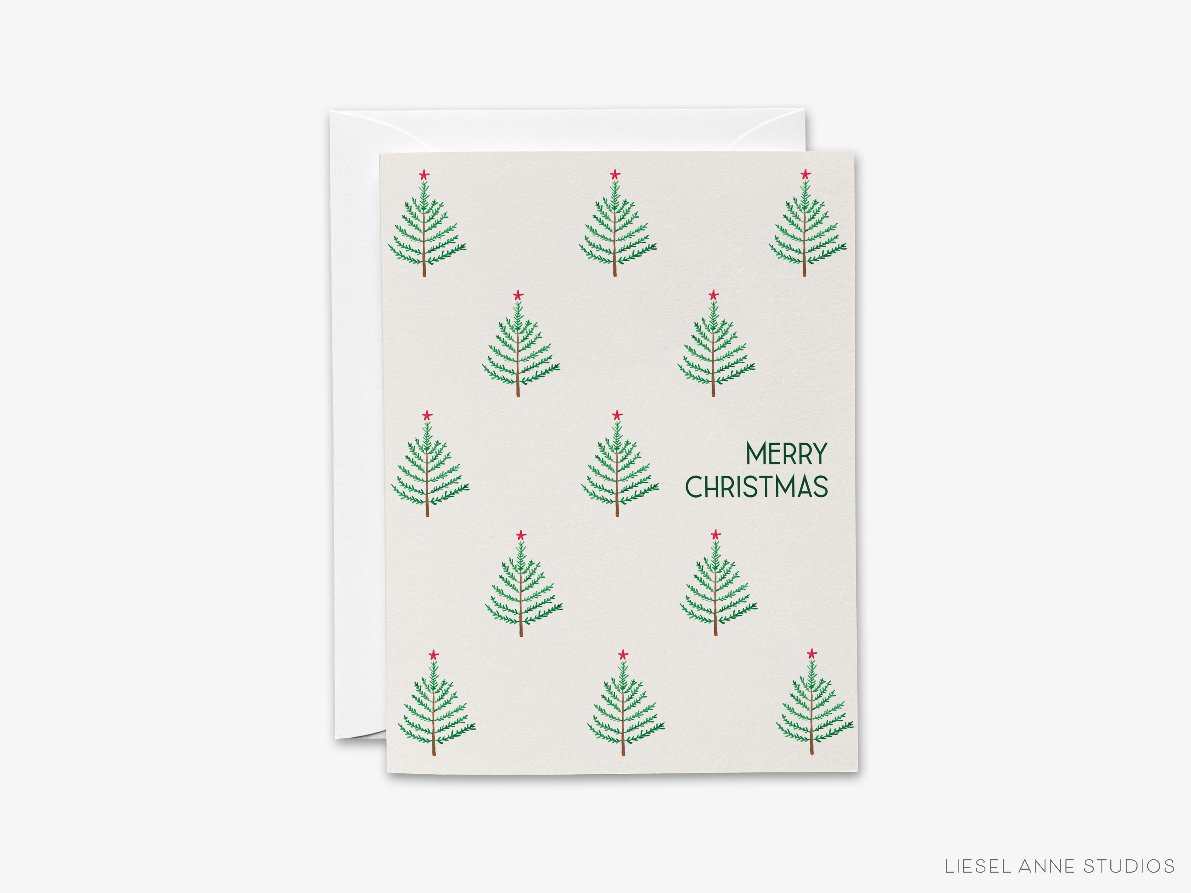 A greeting card with a repeating pattern of Christmas trees on a white background.