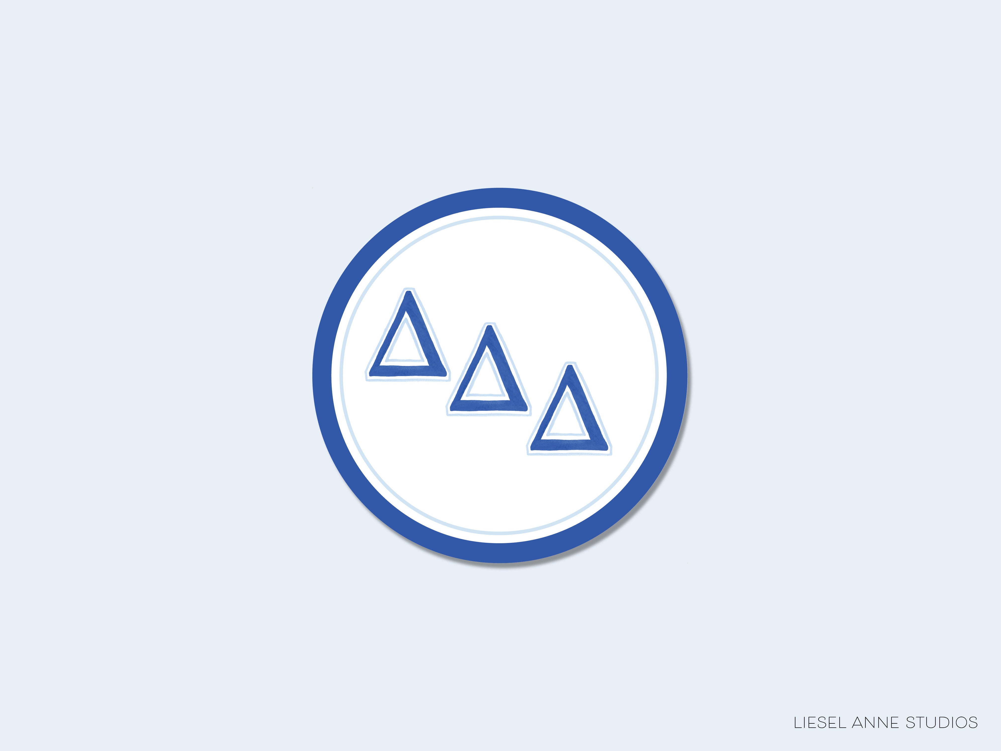 a blue and white circle with three triangles
