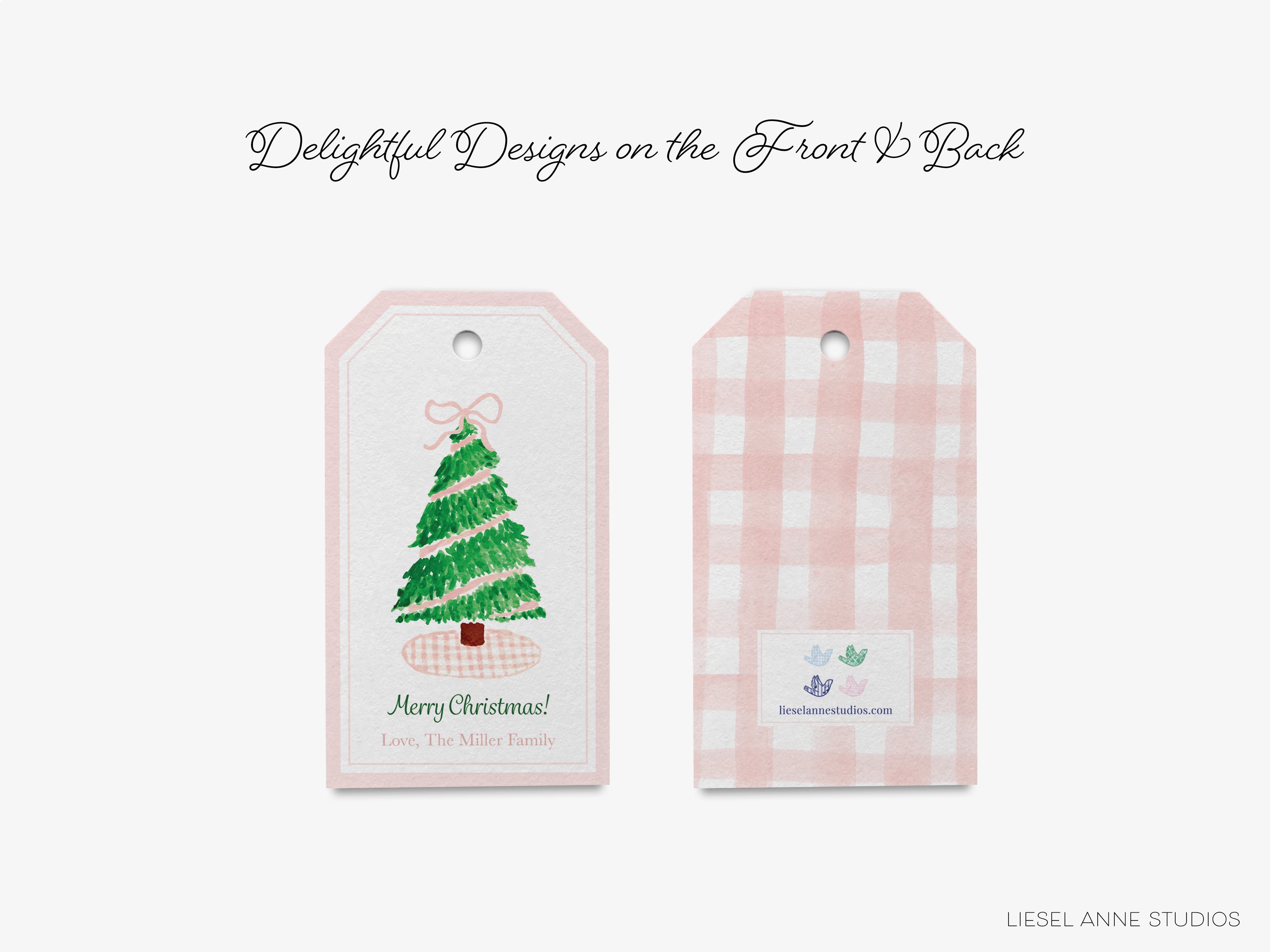 two tags with Christmas tree designs, one with a pink background and the other with a pink and white checkered background.