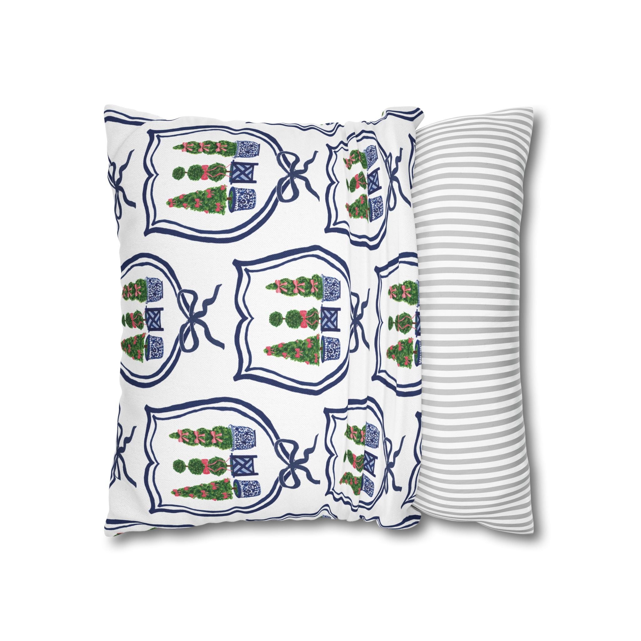 Topiary Trio Christmas Blue and White Pillow Cover