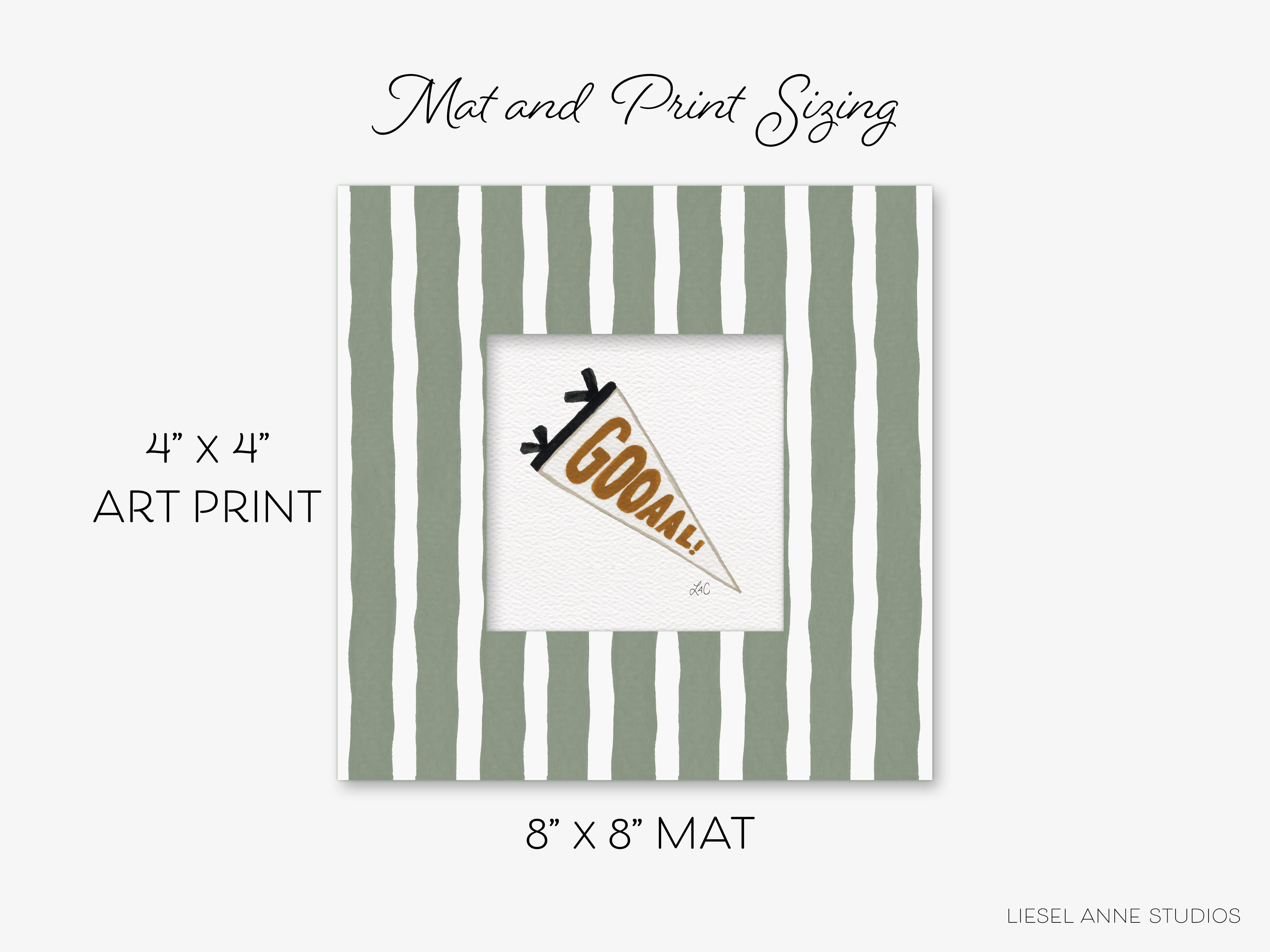 The image is a square-shaped art print with a green and white striped border. The print features a graphic of a cone with the word "GOAL!" written on it. The print is described as a "4" x 4" ART PRINT" and a "8" x 8" MAT" in the image.