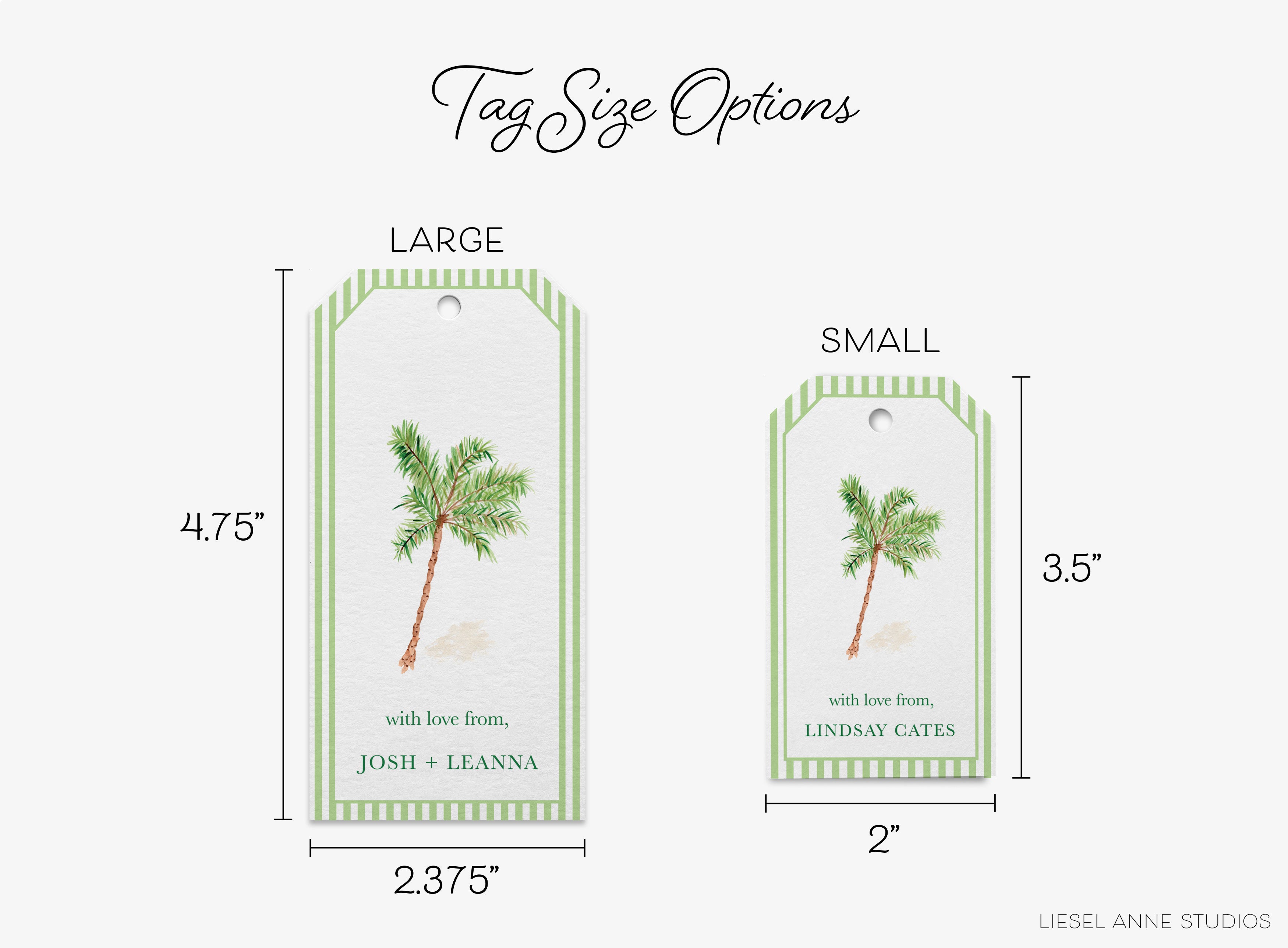 two tag size options for a tropical-themed item, with the larger tag being 4.75" and the smaller tag being 3.5" in size. The tag sizes are labeled with the text "LARGE" and "SMALL" to indicate the different sizes available.