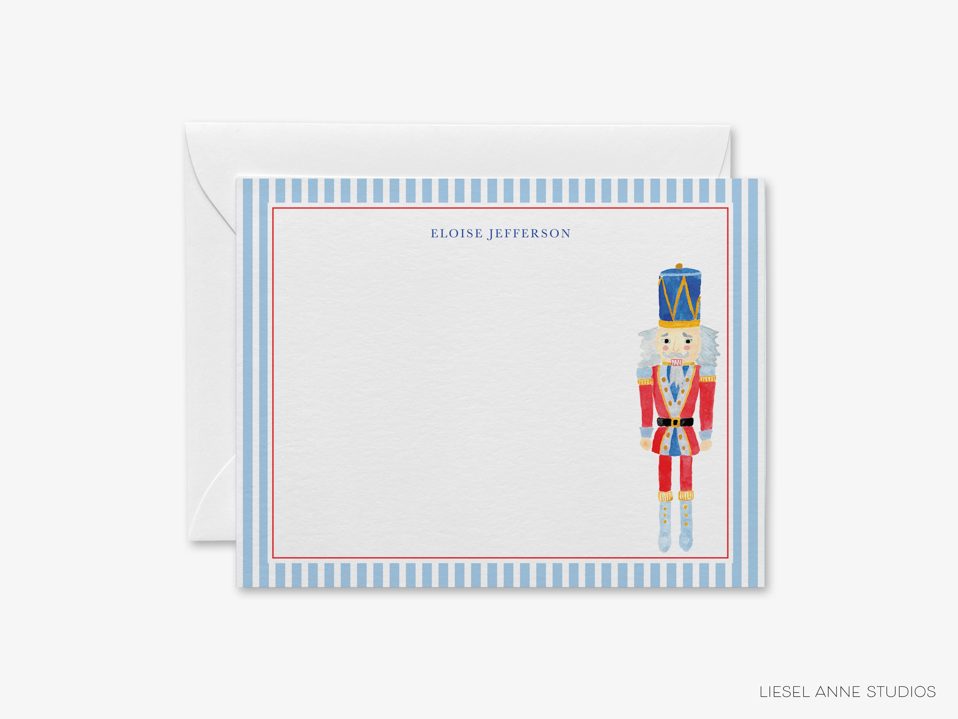 A personalized note card with a nutcracker figure on the right side and a blank space for writing on the left side.