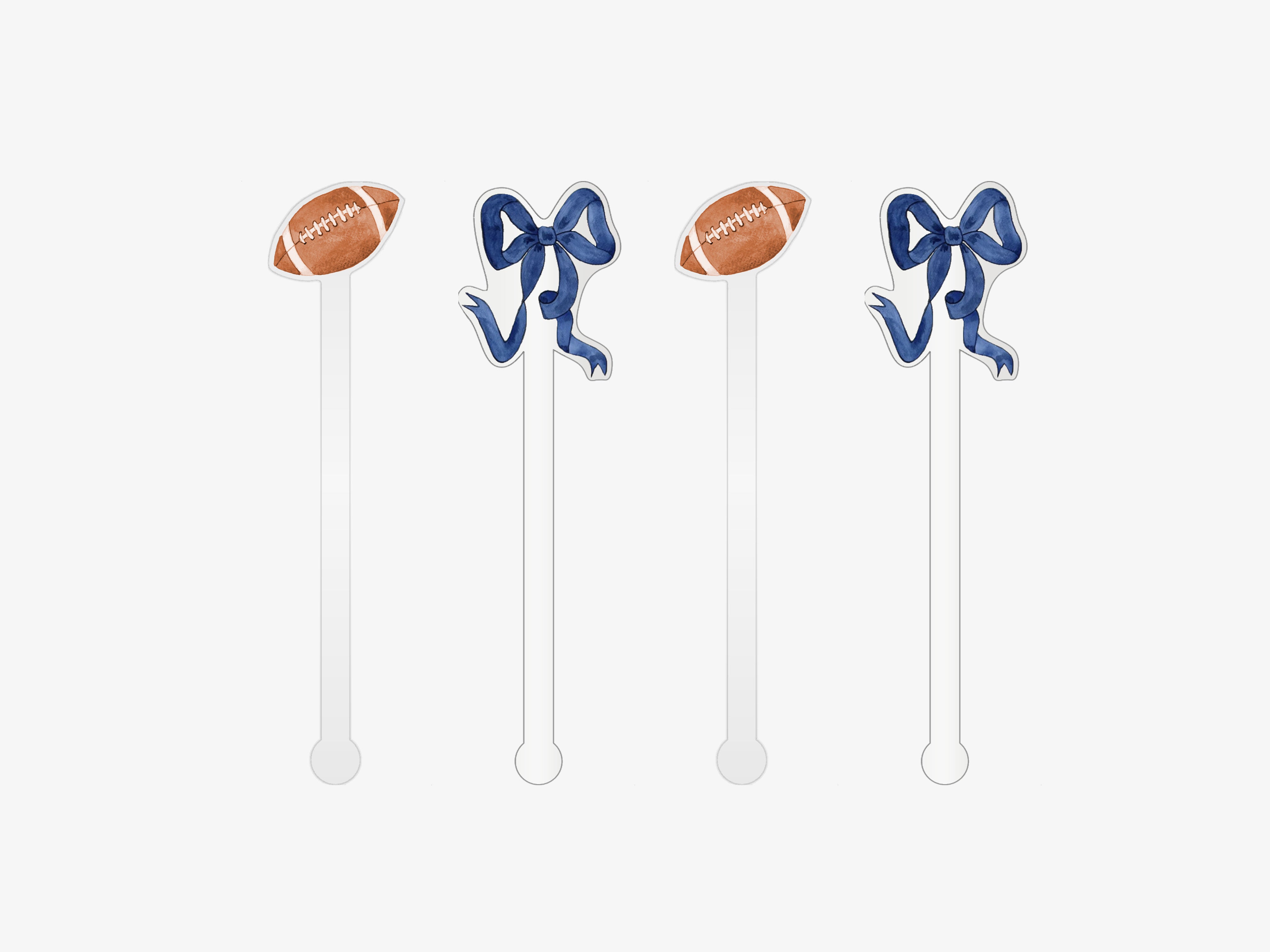 four white stick holders with blue ribbons and football images on them.