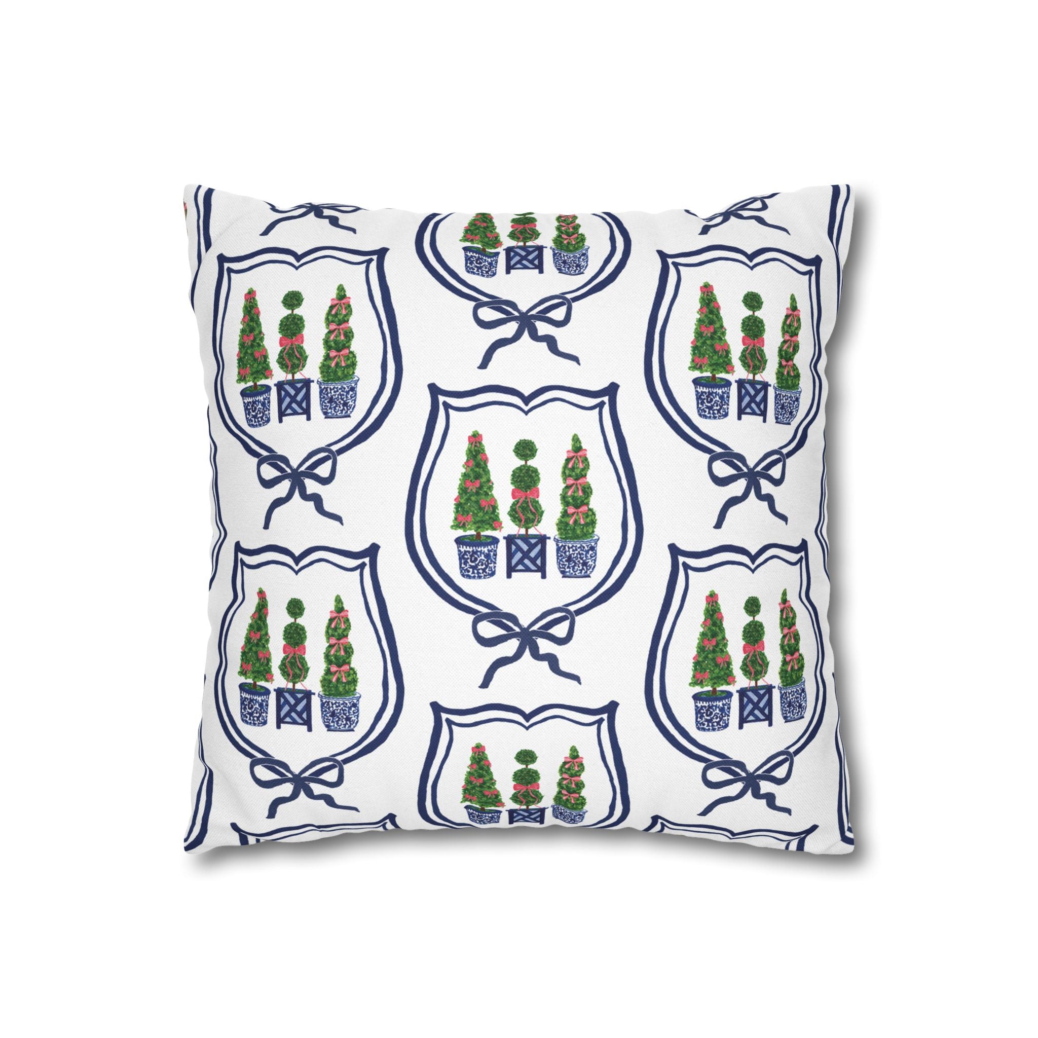 Topiary Trio Christmas Blue and White Pillow Cover