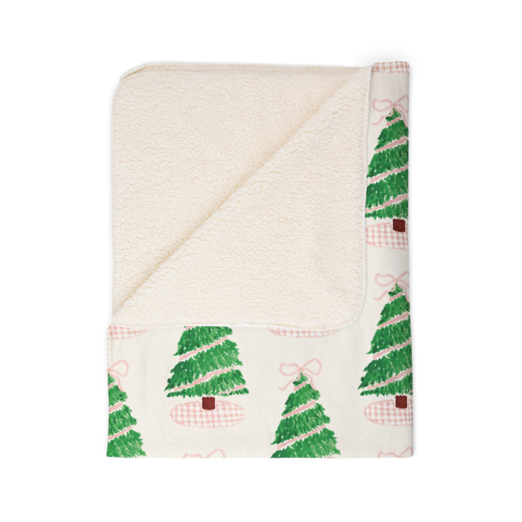 Christmas Fleece Sherpa Blanket [Pink Gingham Tree with Bow]