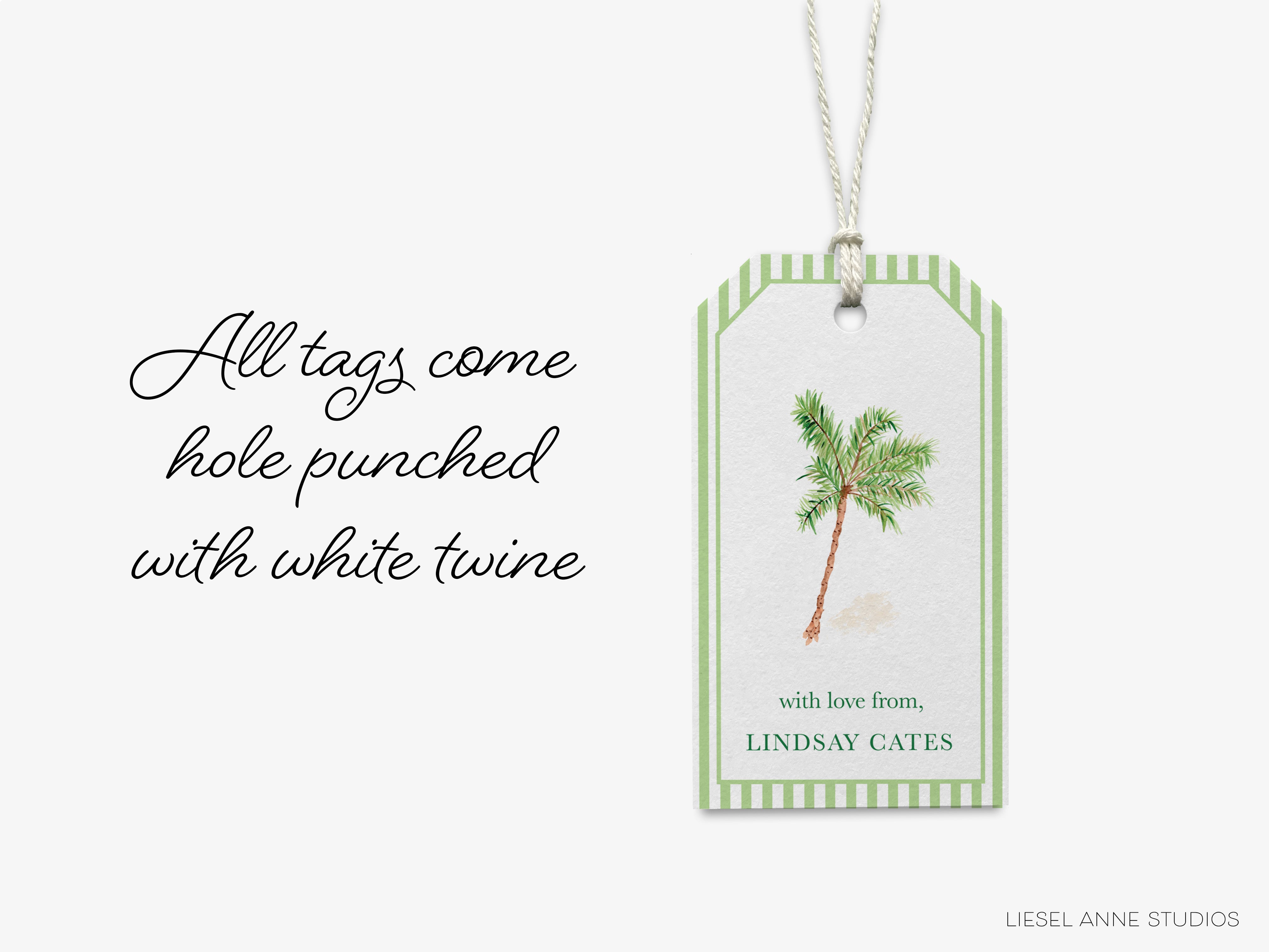 a tag with a palm tree illustration and a caption that reads "with love from, LINDSAY CATES".