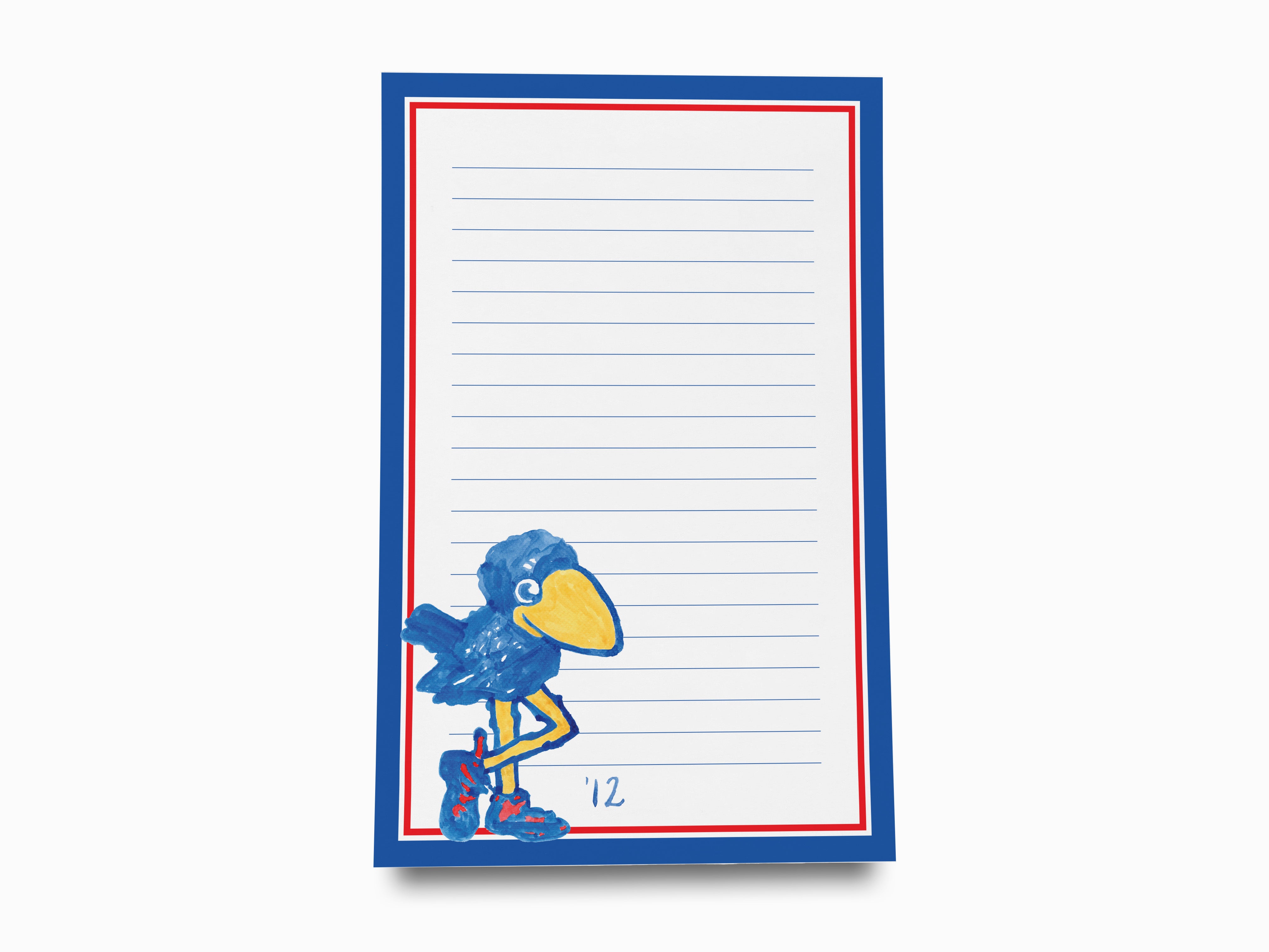 a blank lined paper pad with a playful illustration of a bird, specifically a blue bird with a yellow beak, standing on one leg.