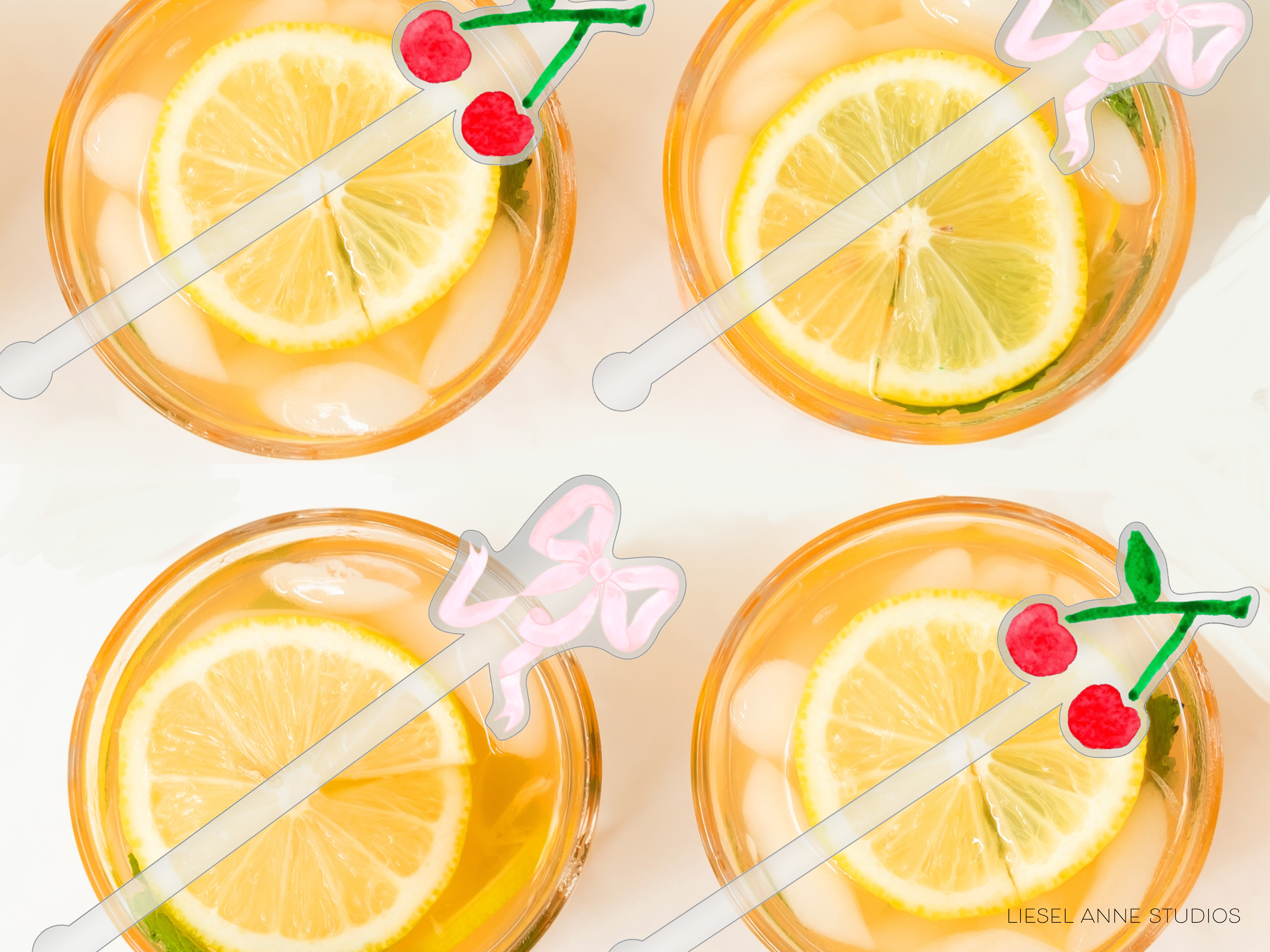 four glasses filled with a yellow liquid, each containing a slice of lemon and a cherry-shaped straw.