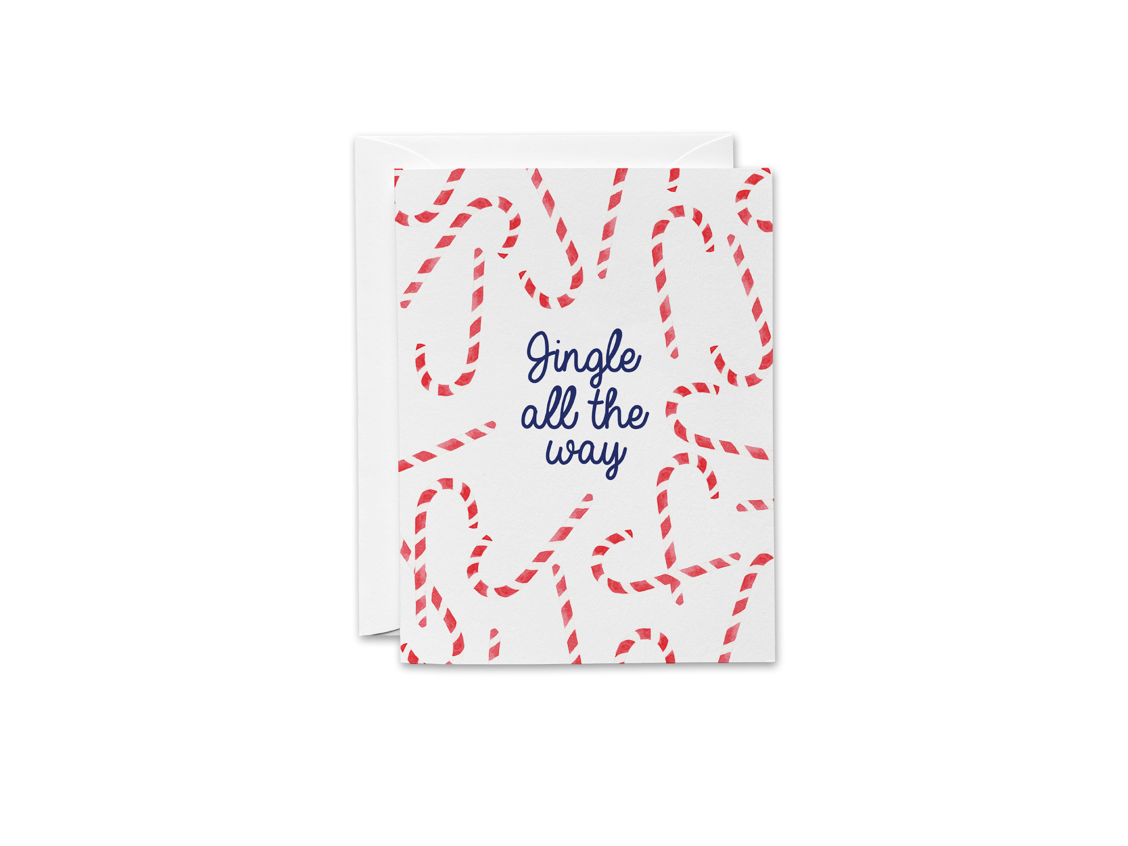 A greeting card with a white background and a pattern of red and white striped candy canes. The text on the card reads "Jingle all the way".