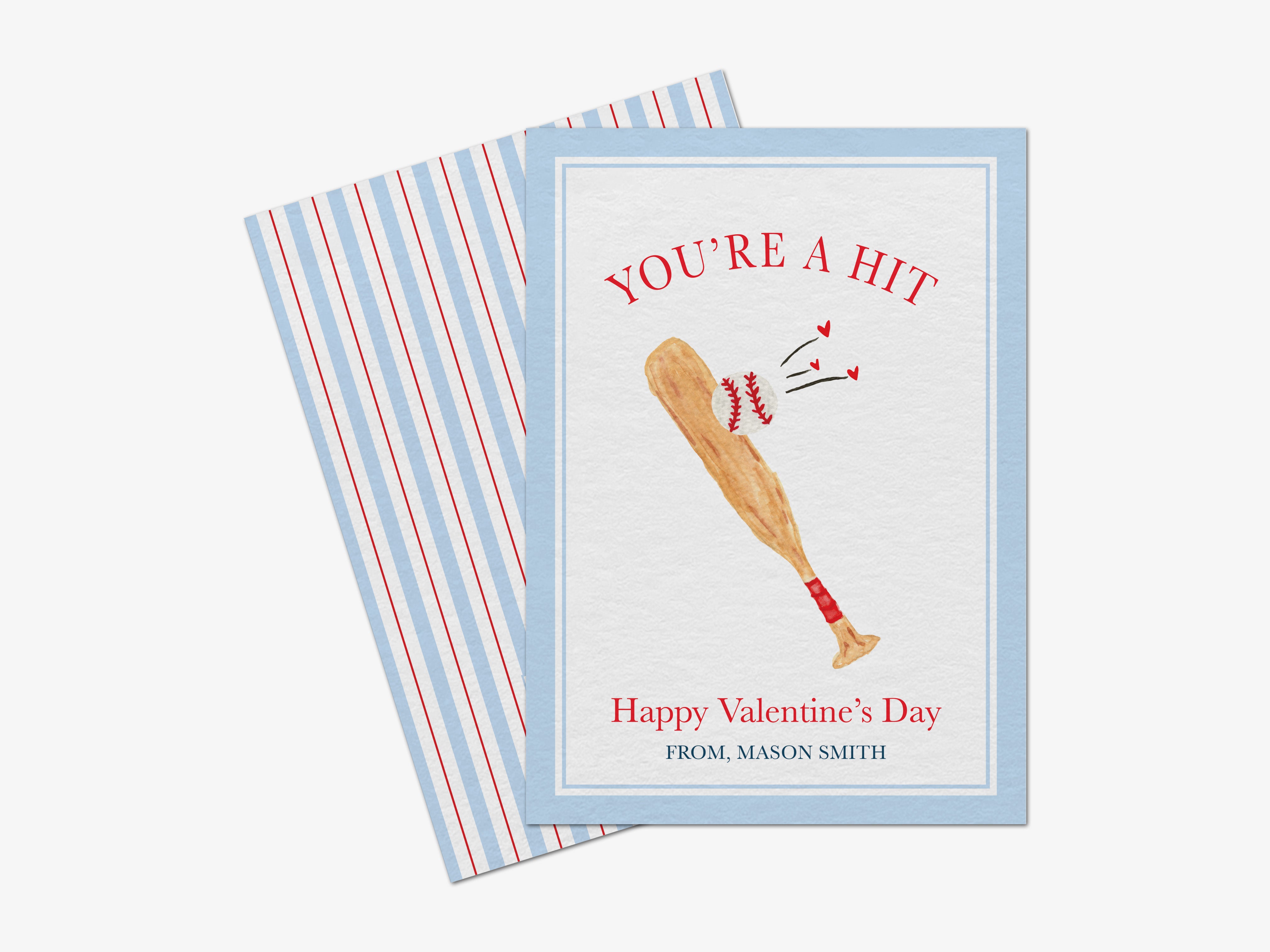 The image is a Valentine's Day card with a baseball bat and baseballs, along with the text "You're a Hit" and "Happy Valentine's Day" printed on it.