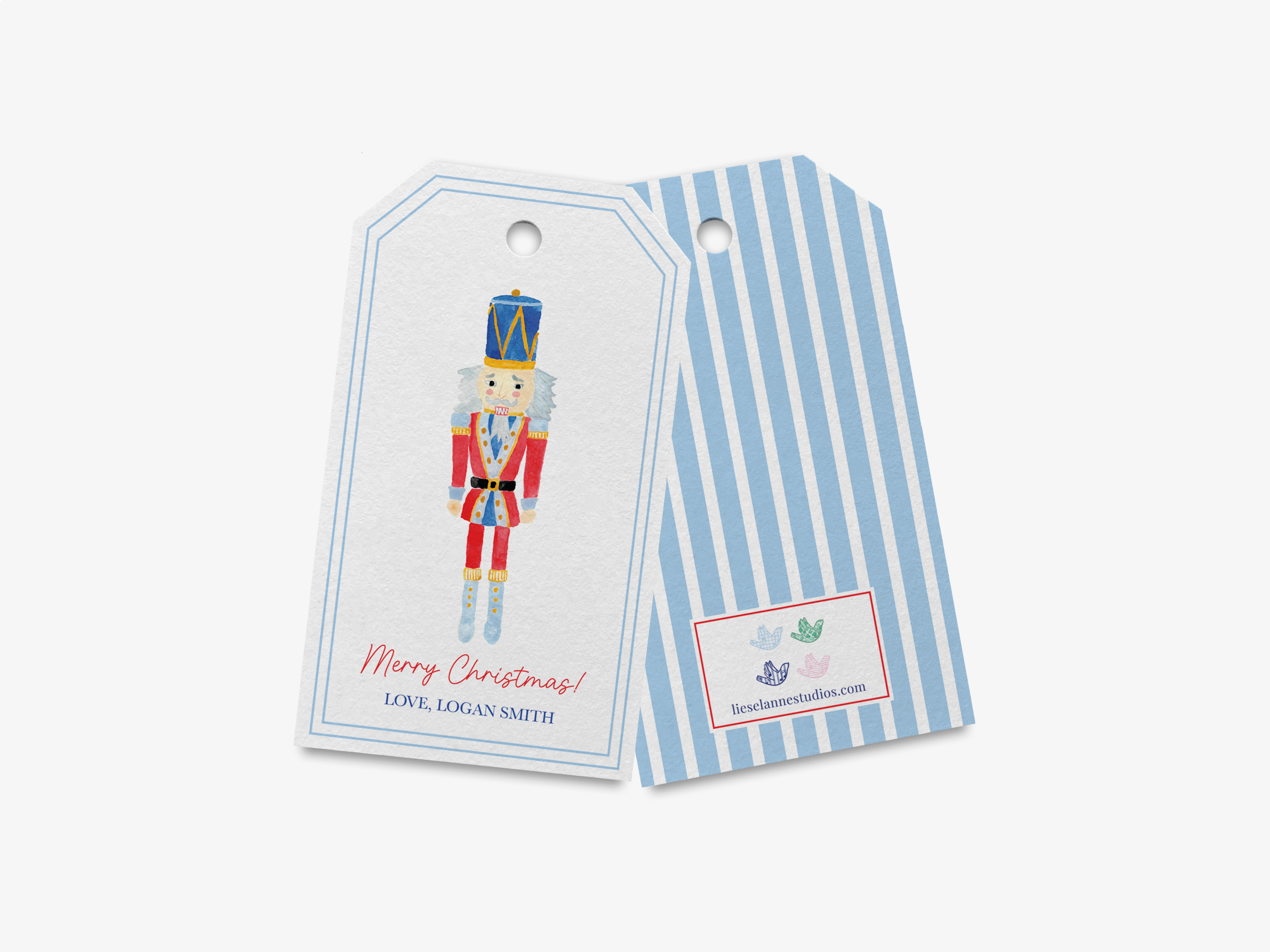 a white tag with a nutcracker character and a blue striped background.