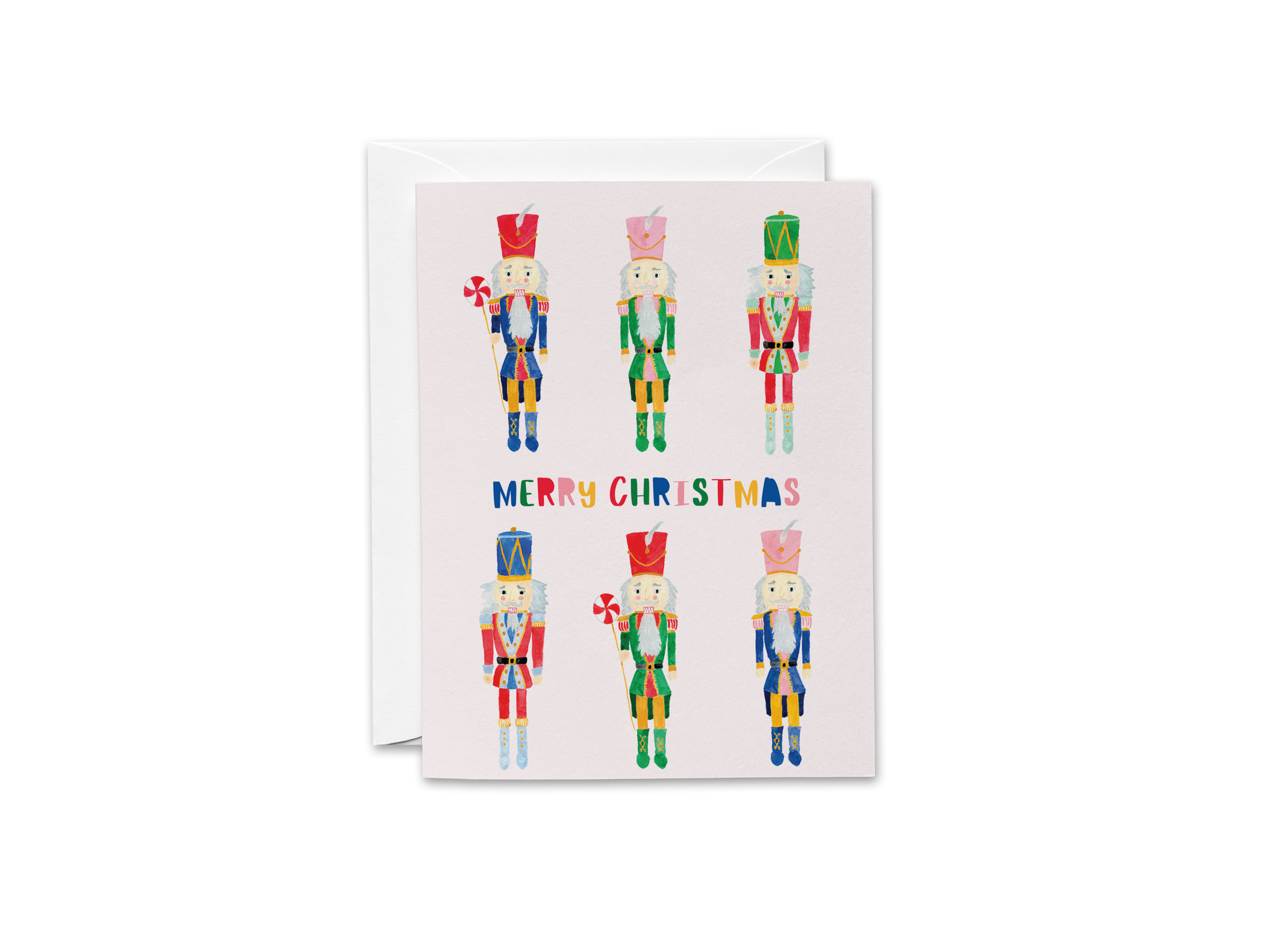 A greeting card with a festive design featuring colorful nutcracker characters arranged in two rows.