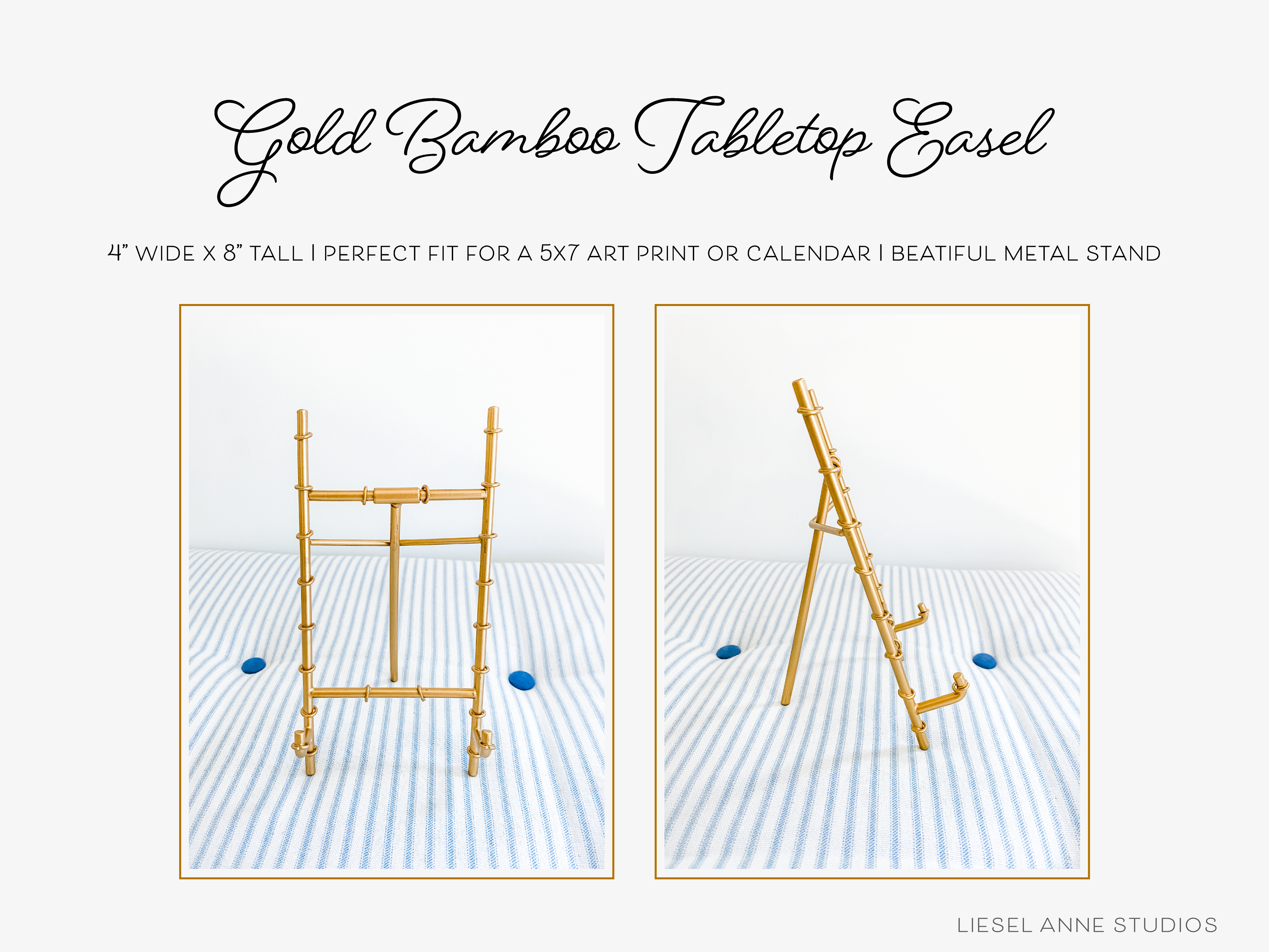 a gold bamboo tabletop easel with a 4" wide X 8" tall design, perfect for a 5x7 art print or a metal stand.