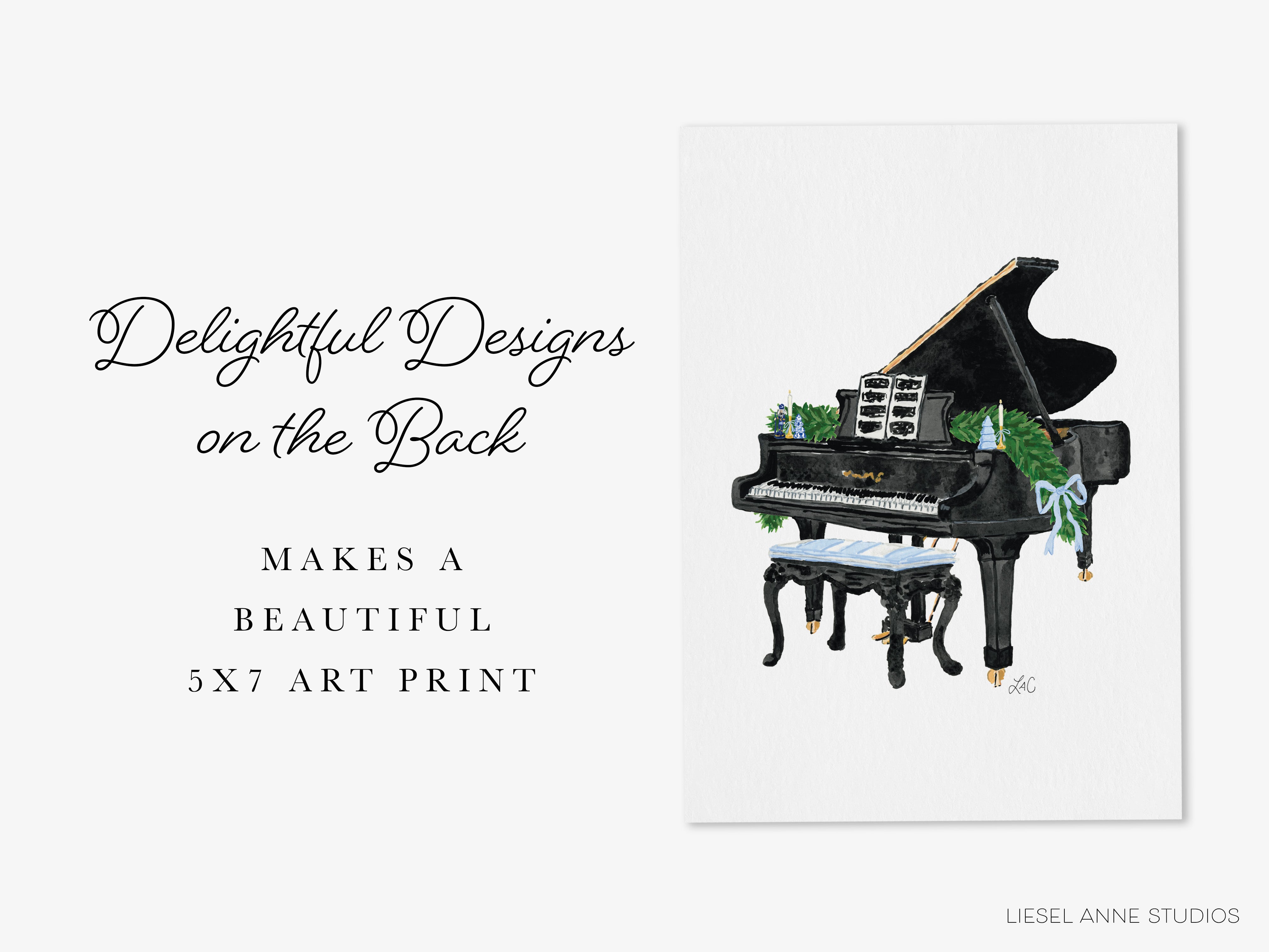 a black grand piano with a decorative bow on top, and the text "Delightful Designs on the Back" and "Makes a Beautiful 5x7 ART Print" are displayed.