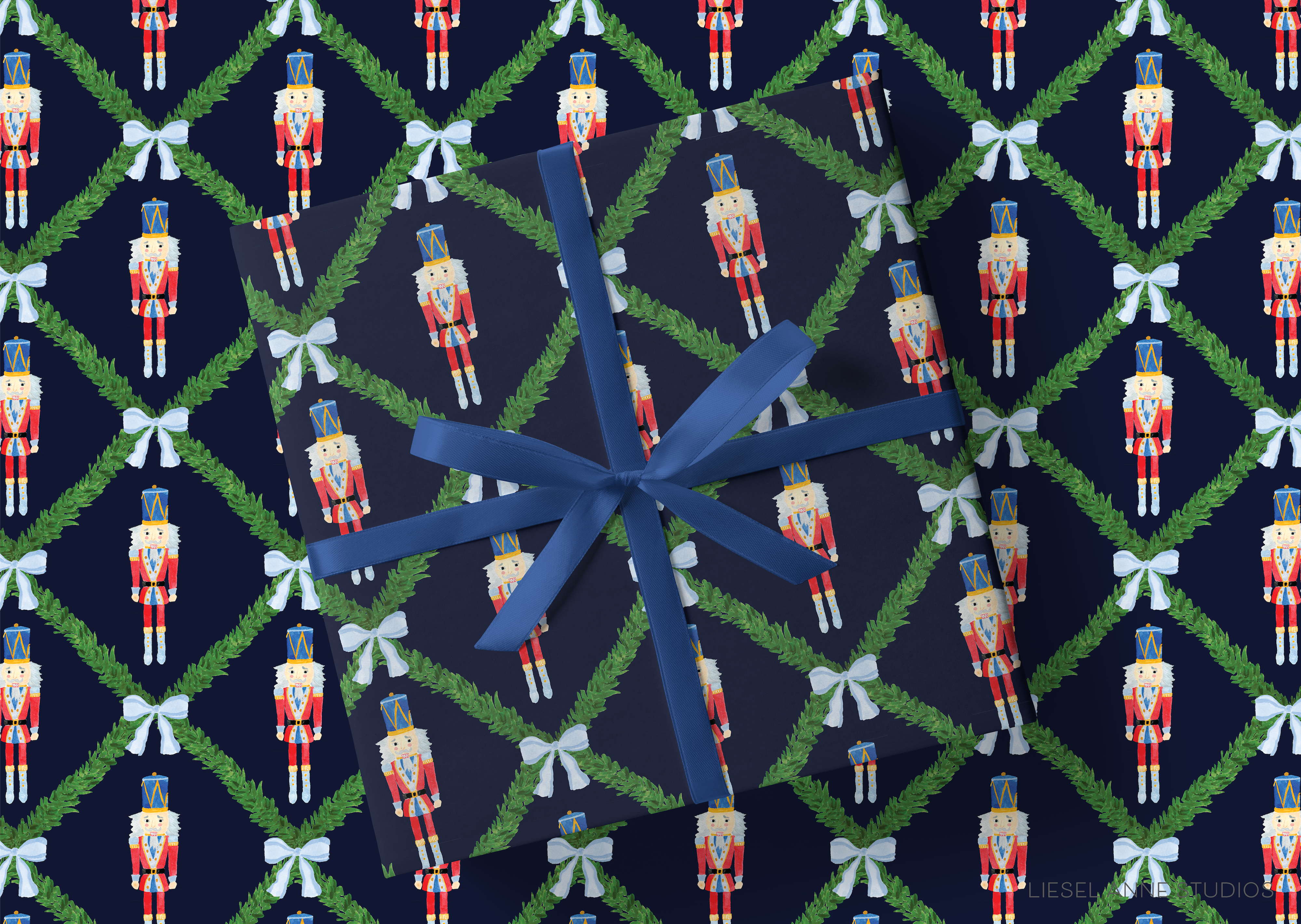 a pattern of nutcracker dolls on a dark blue background with green leaves and white bows.