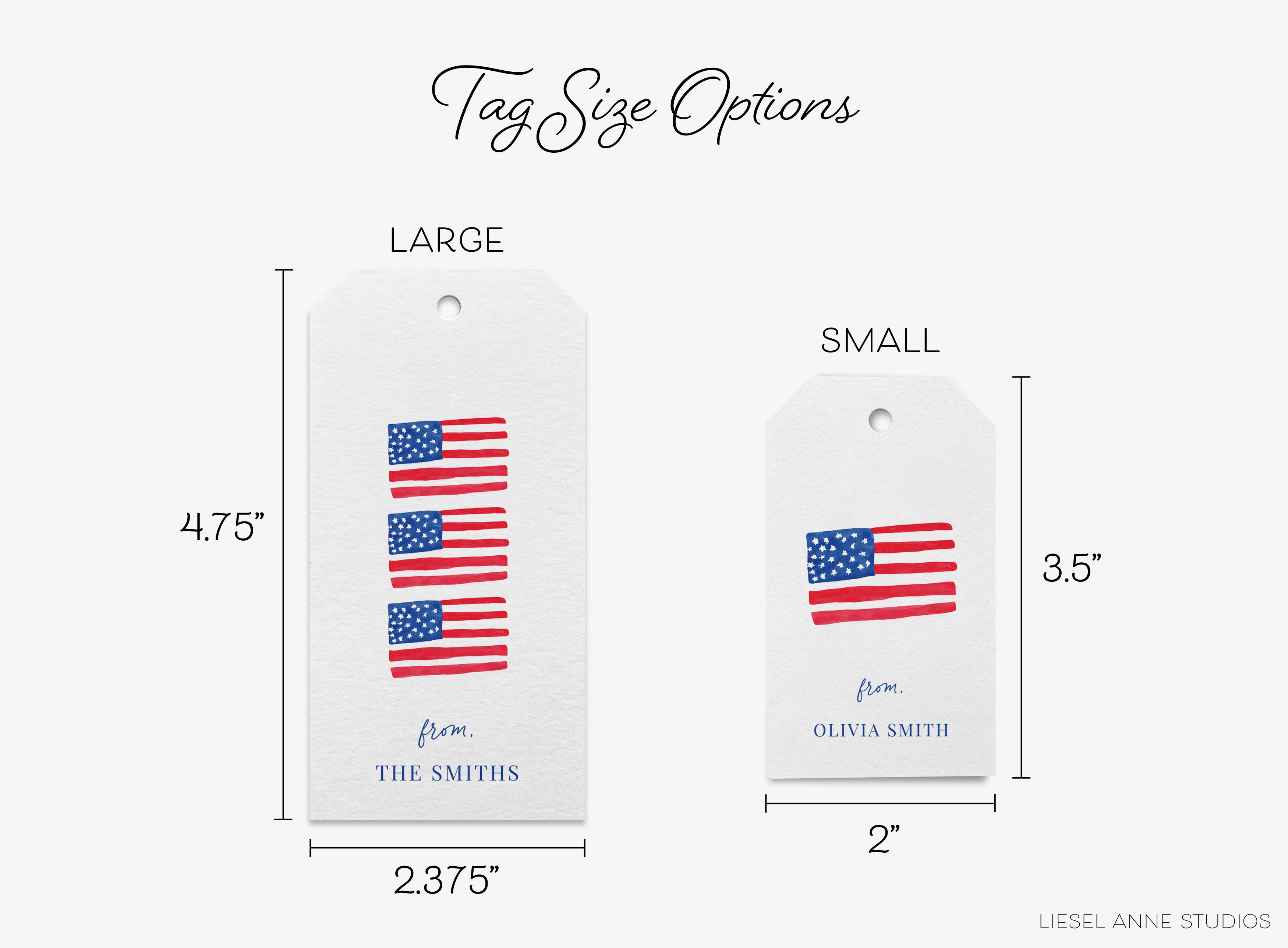 tag size options for a large and small American flag tag, with the dimensions provided in inches.
