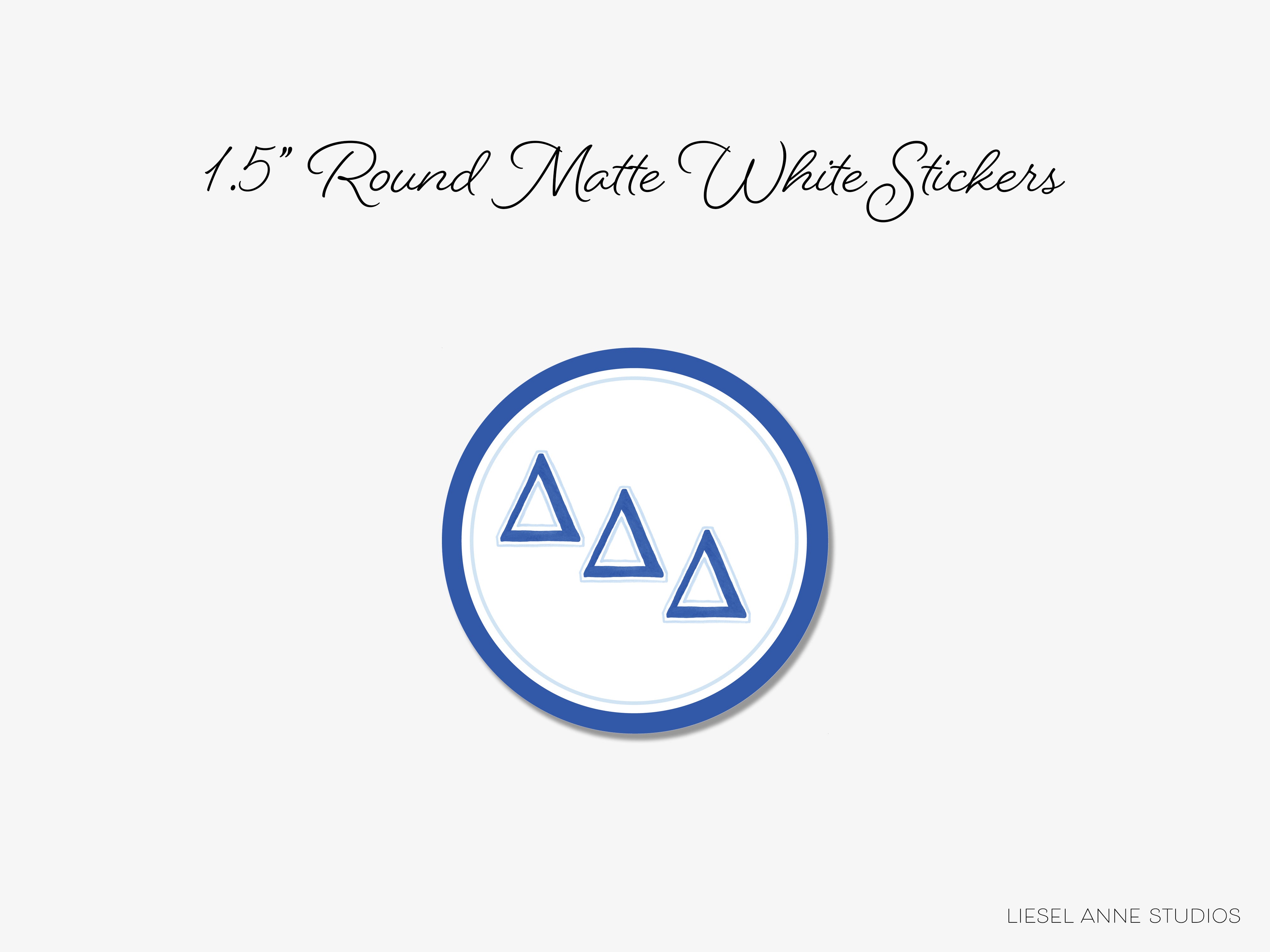a white and blue circle with the words, 15 round mate white stickers