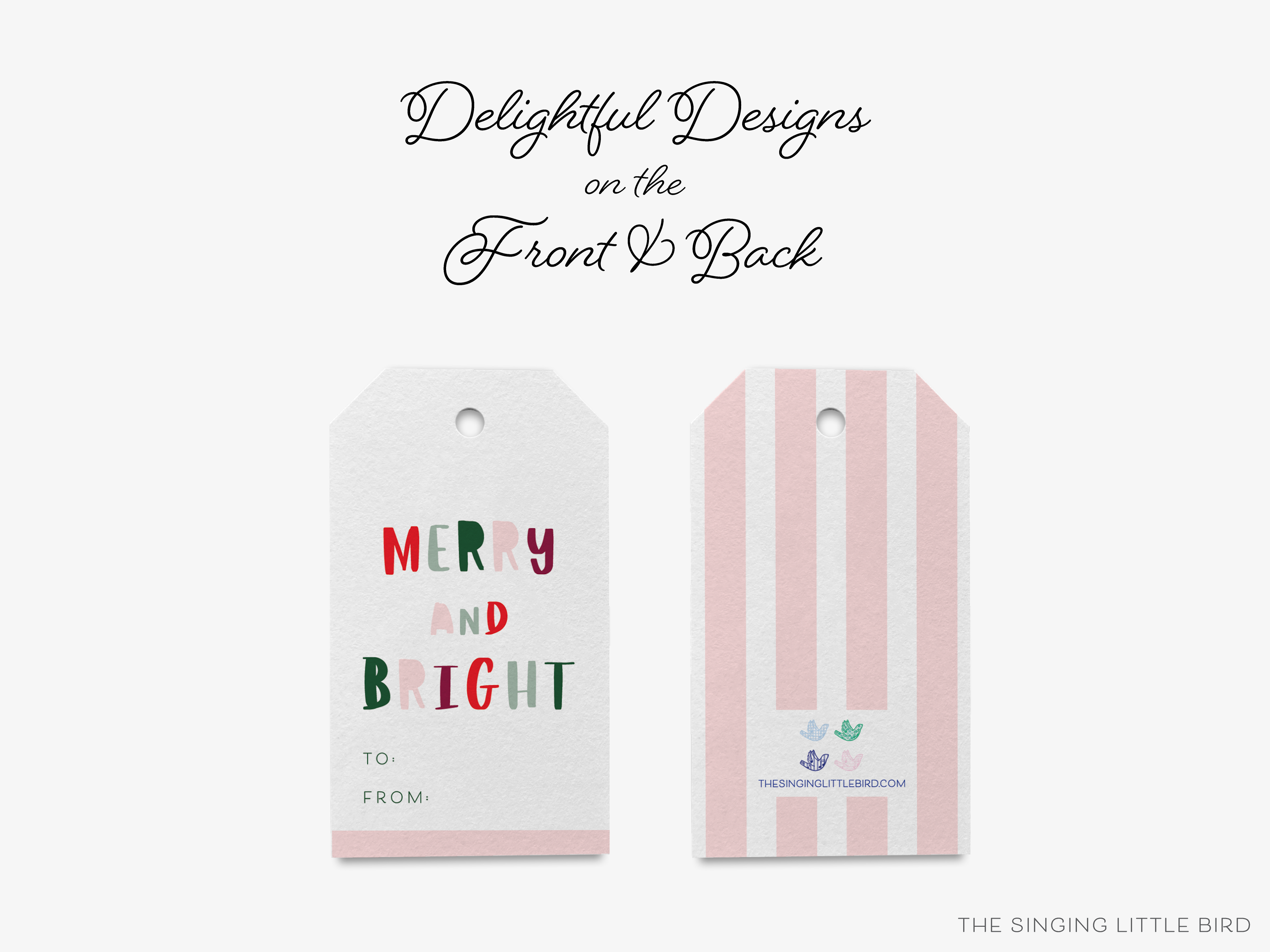 two tags with a festive design, one with a pink and white striped pattern and the other with a white and pink striped pattern.