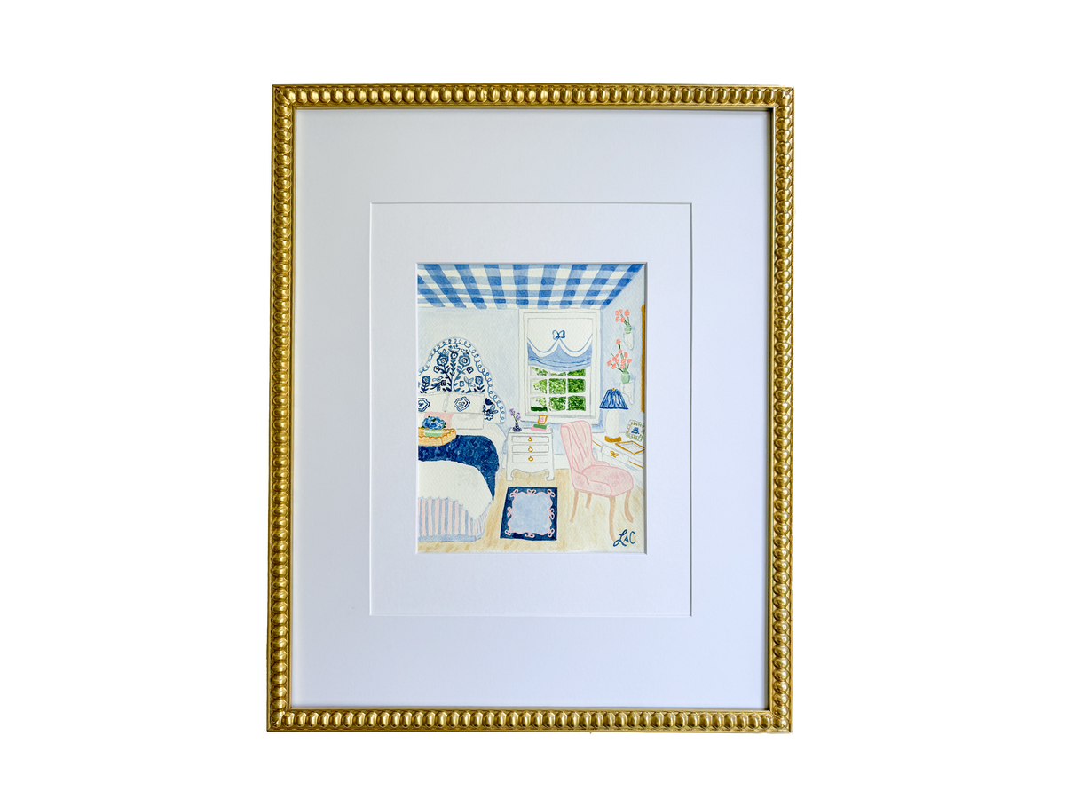 The image is a framed painting depicting a bedroom scene with a blue and white checkered ceiling, a pink chair, and a blue and white striped rug.