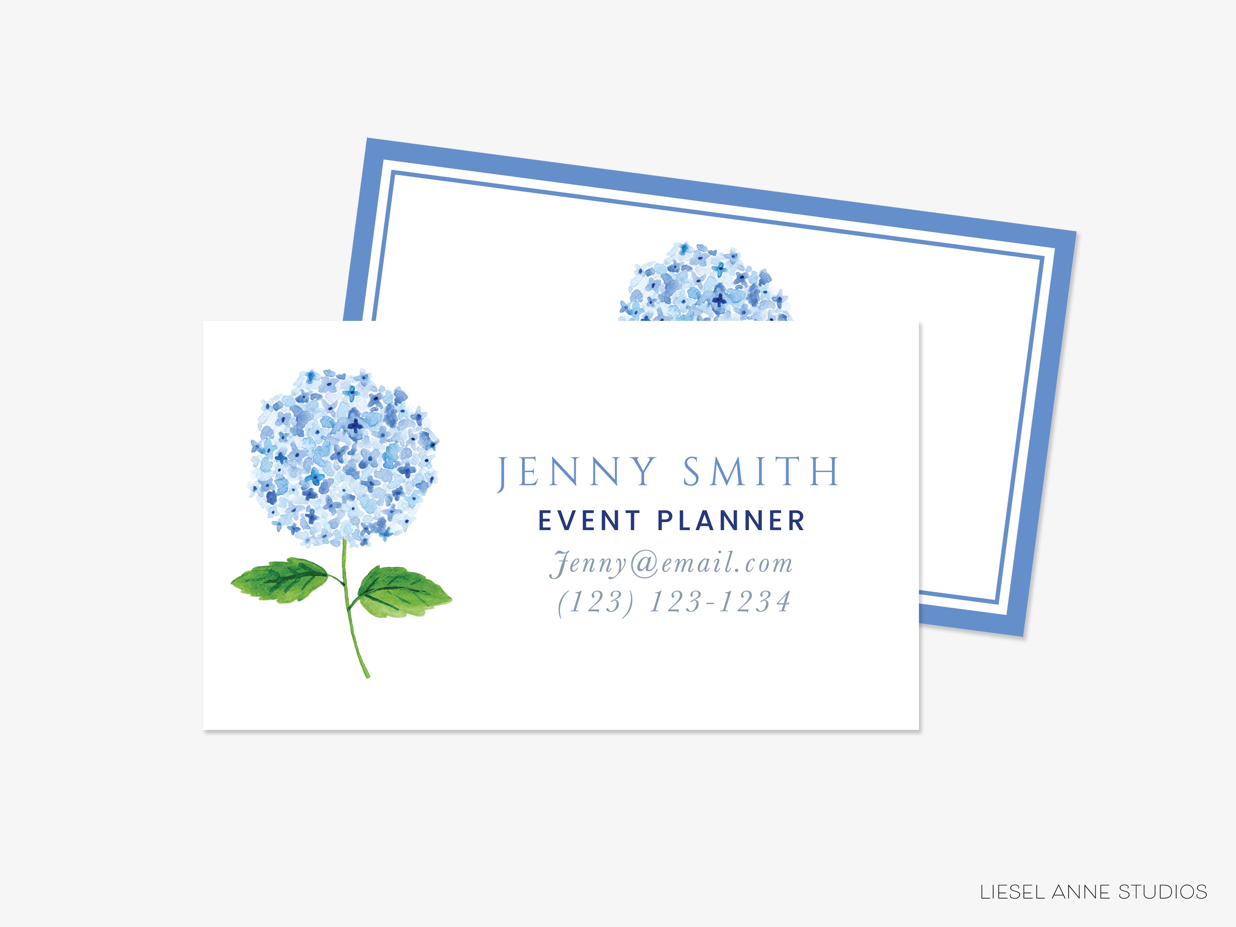 a business card with a blue flower on it