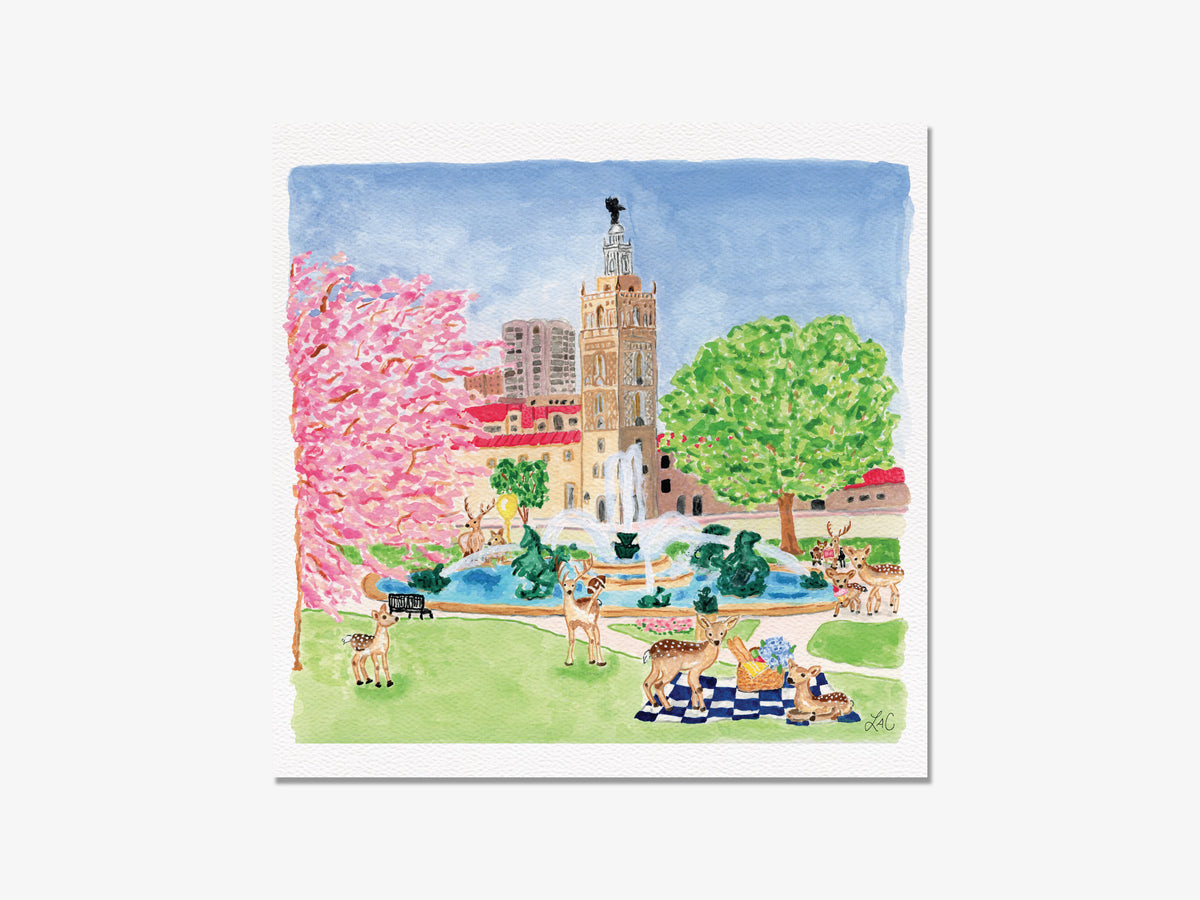 A watercolor painting depicting a park scene with a tall tower, pink trees, and animals in the foreground.