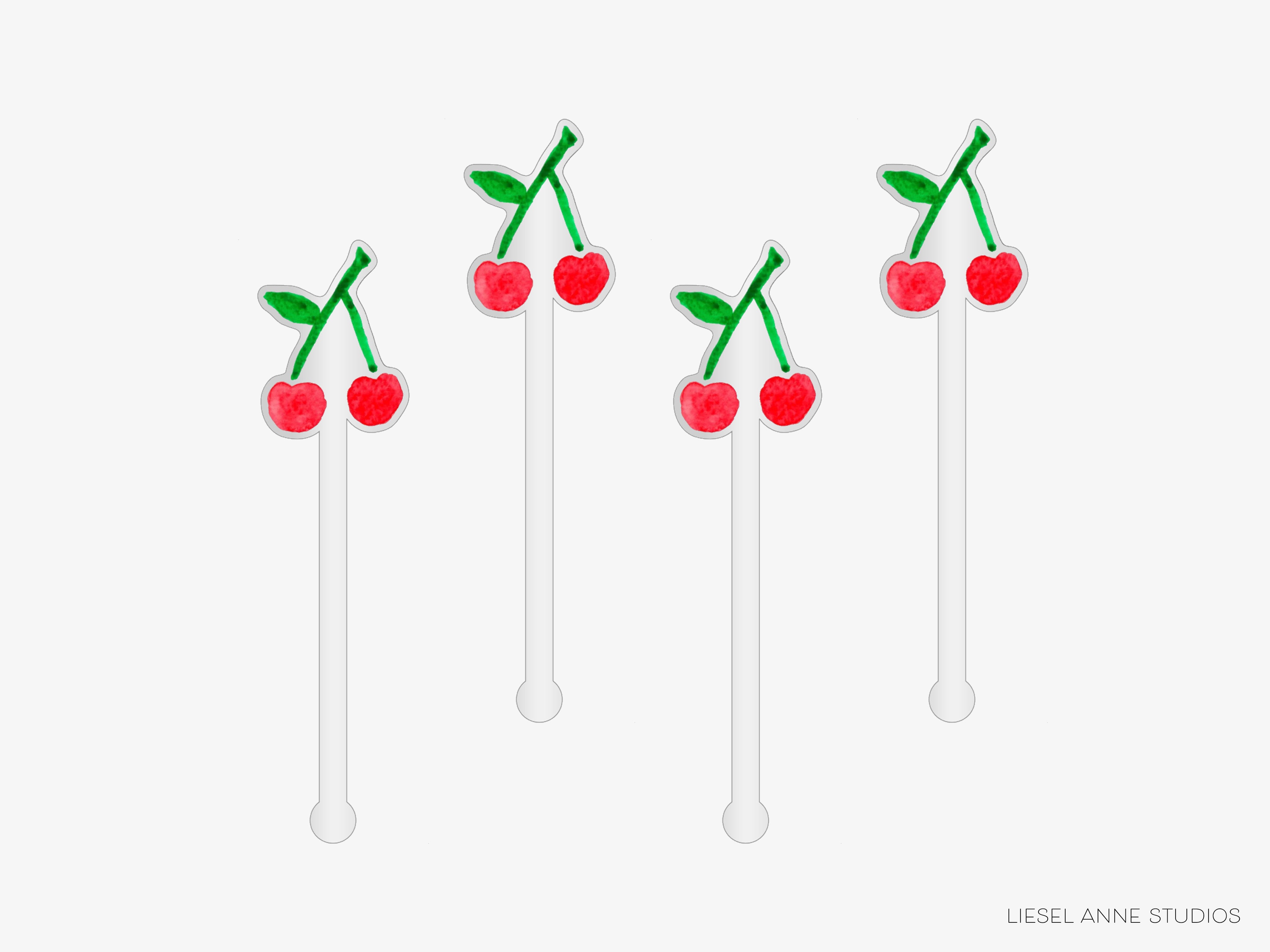 four white straws with red cherries on them, arranged in a row.