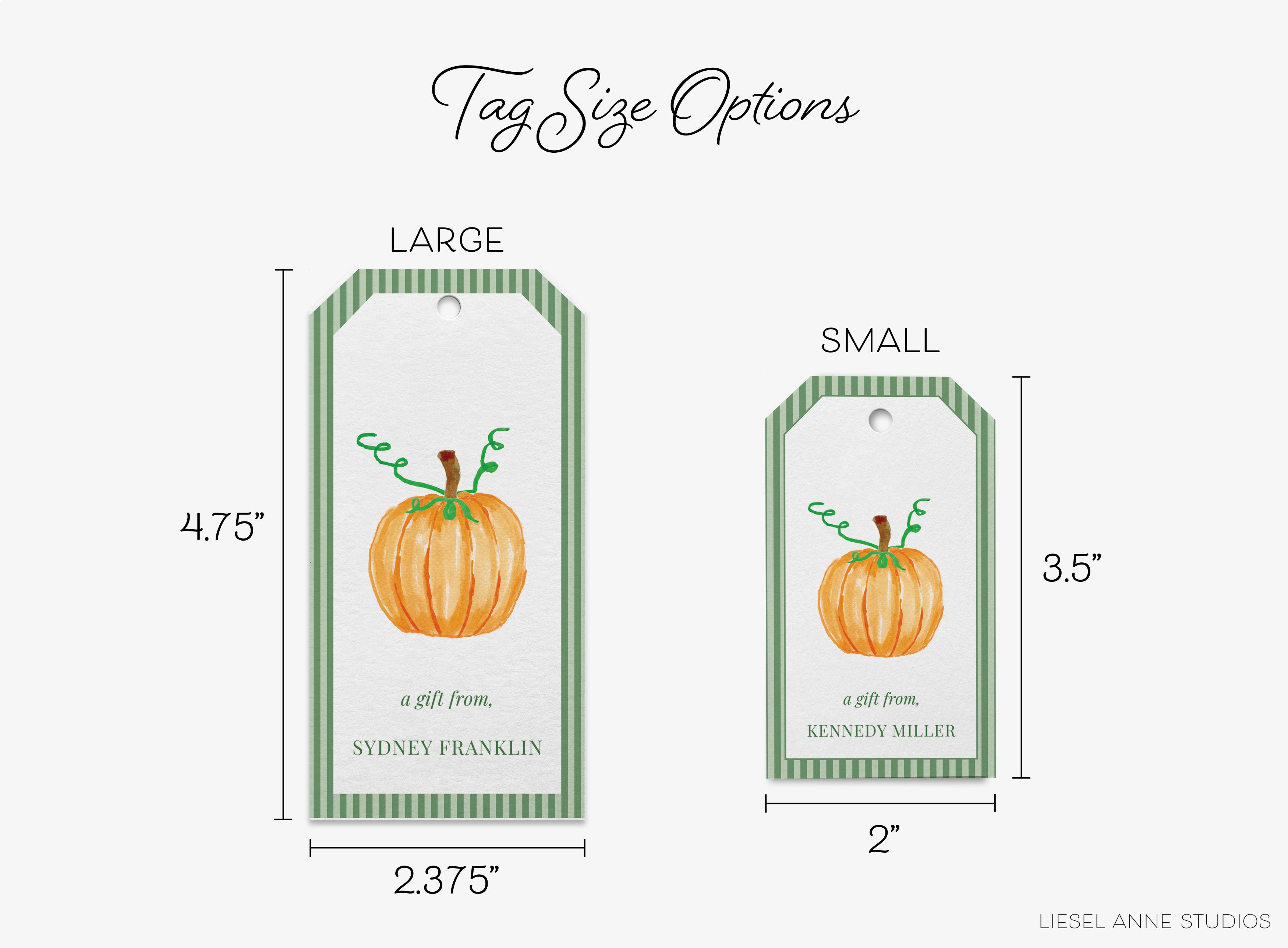 two tag size options for a gift tag, with a pumpkin illustration. The larger tag is 4.75 inches wide and 3.5 inches tall, while the smaller tag is 2.75 inches wide and 2 inches tall.