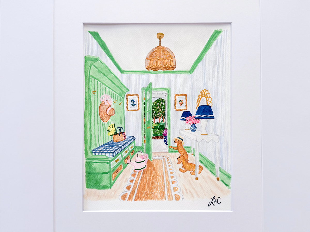 a cozy and colorful living room with a dog sitting on the floor, a lamp, a vase, and a Christmas tree visible in the background.