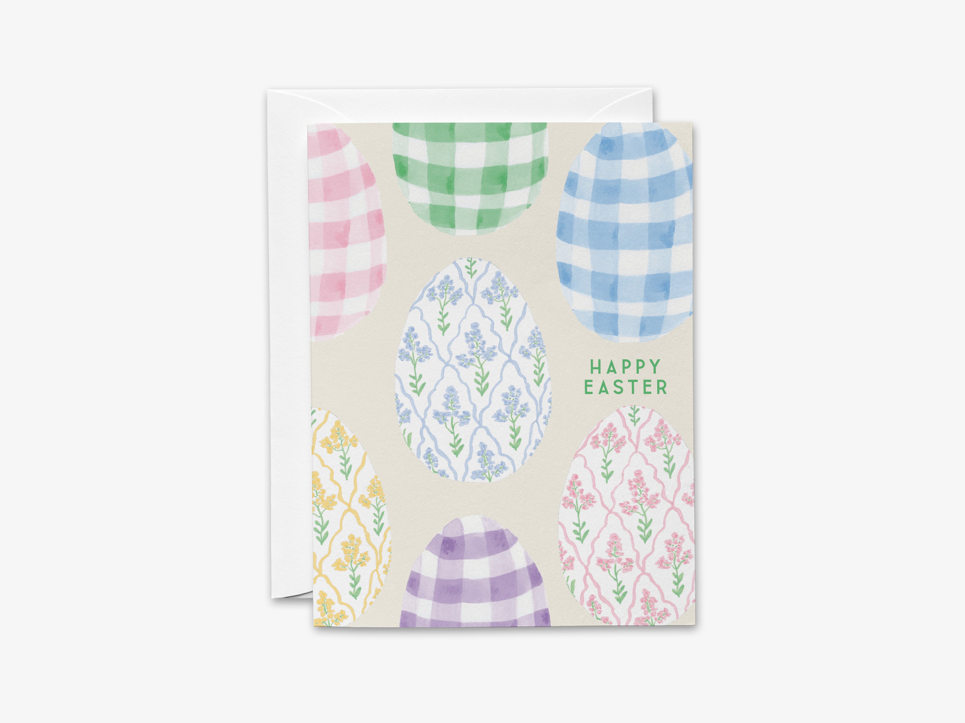 The image is a greeting card with a variety of colorful Easter eggs arranged in a pattern.