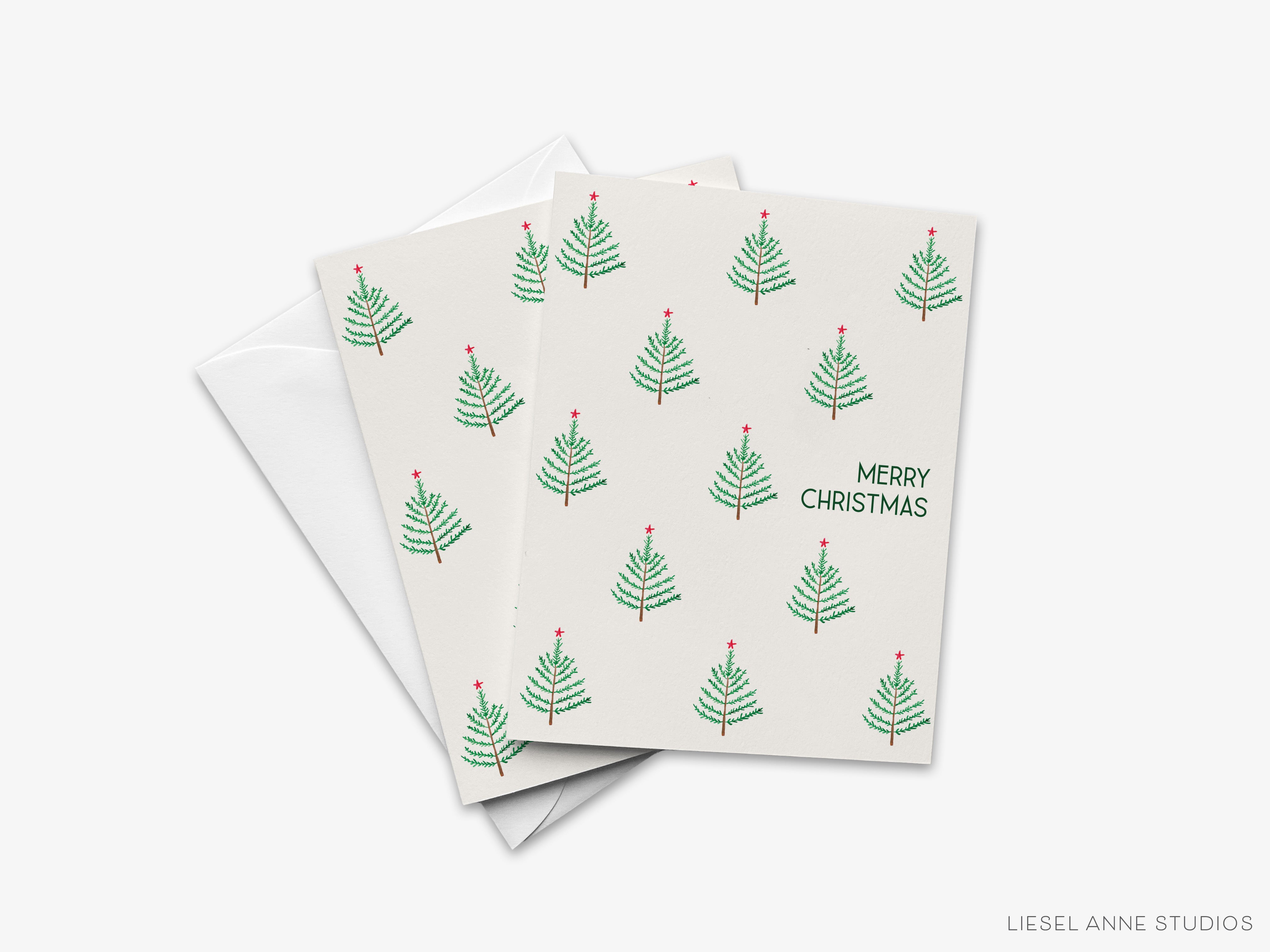 A set of greeting cards with a repeating pattern of Christmas trees on a white background.