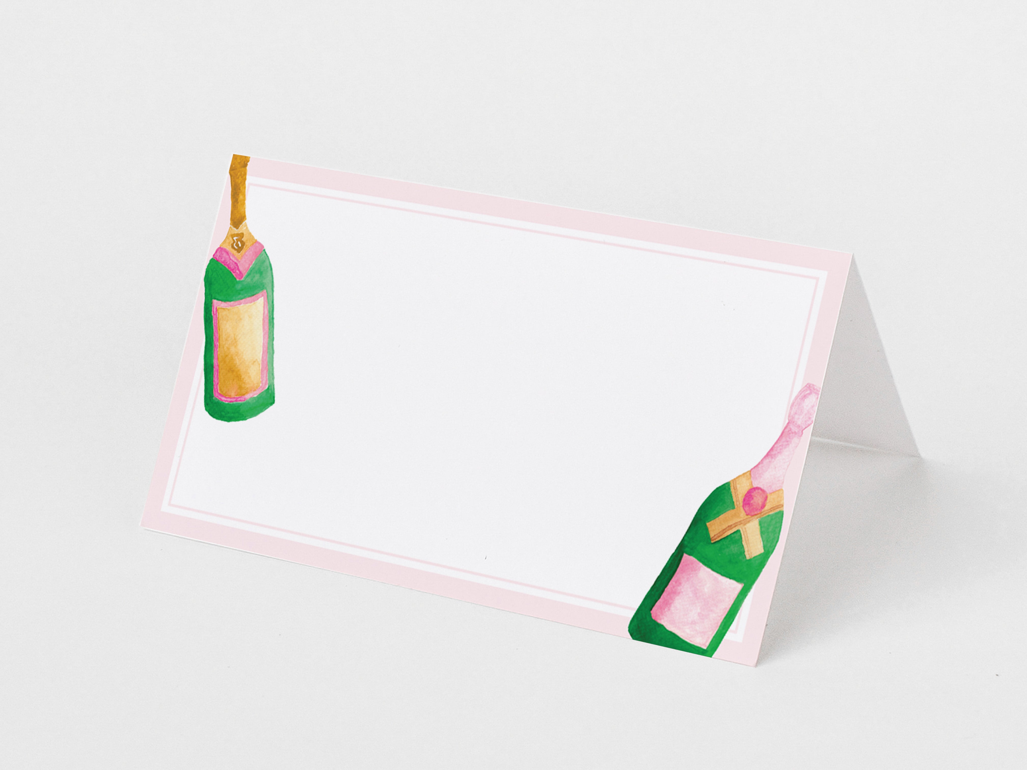 a pink card with a white background and two champagne bottles depicted on the left side.