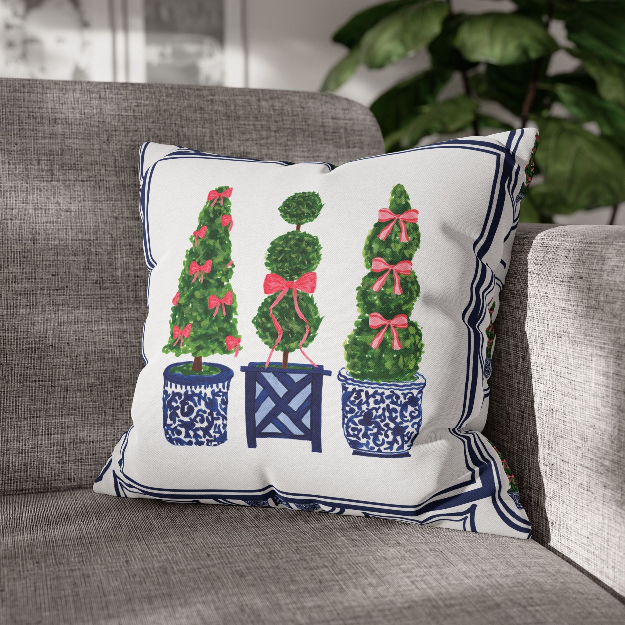 Topiary Trio Christmas Blue and White Pillow Cover