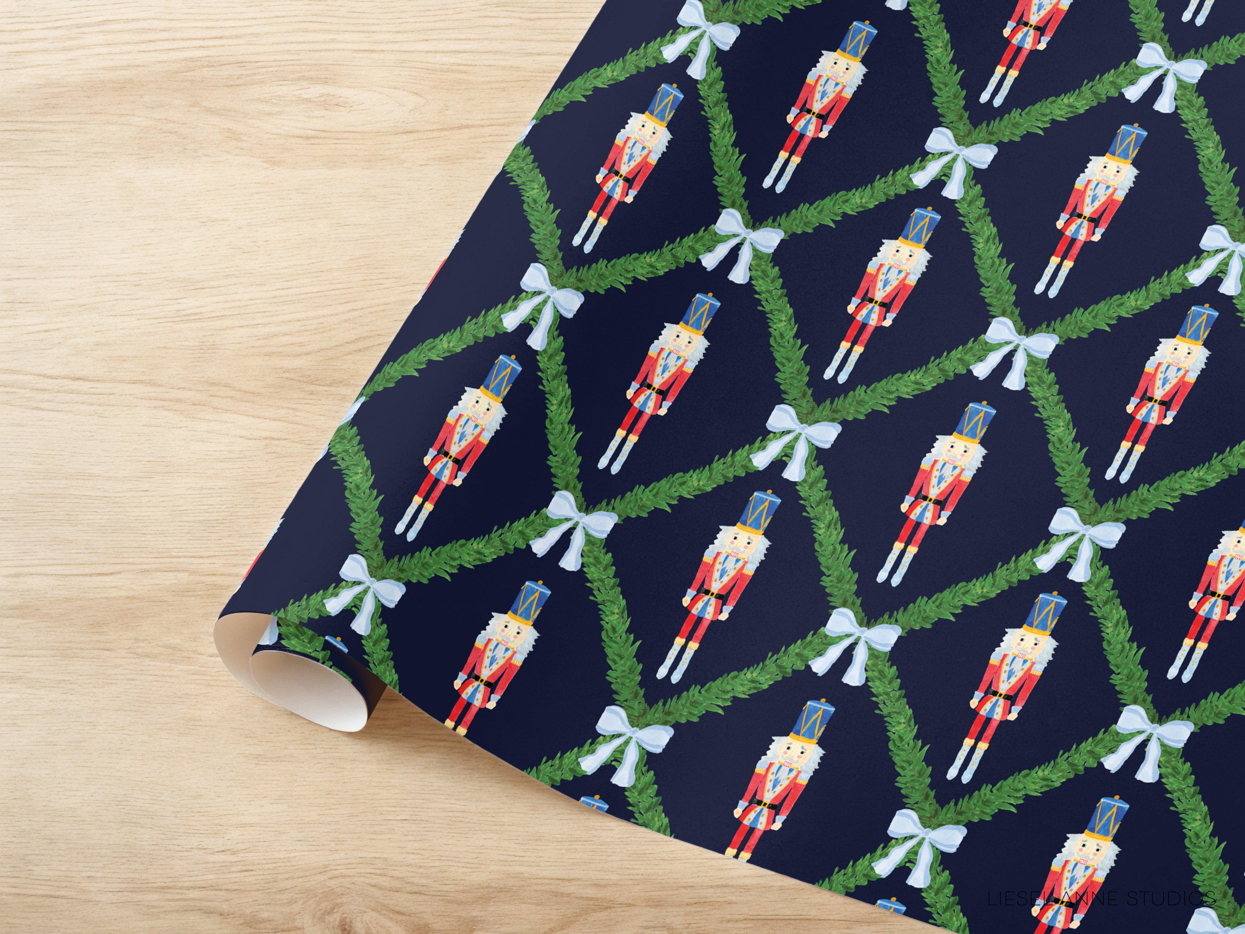 a pattern of nutcracker dolls on a dark blue background with green leaves and white bows.