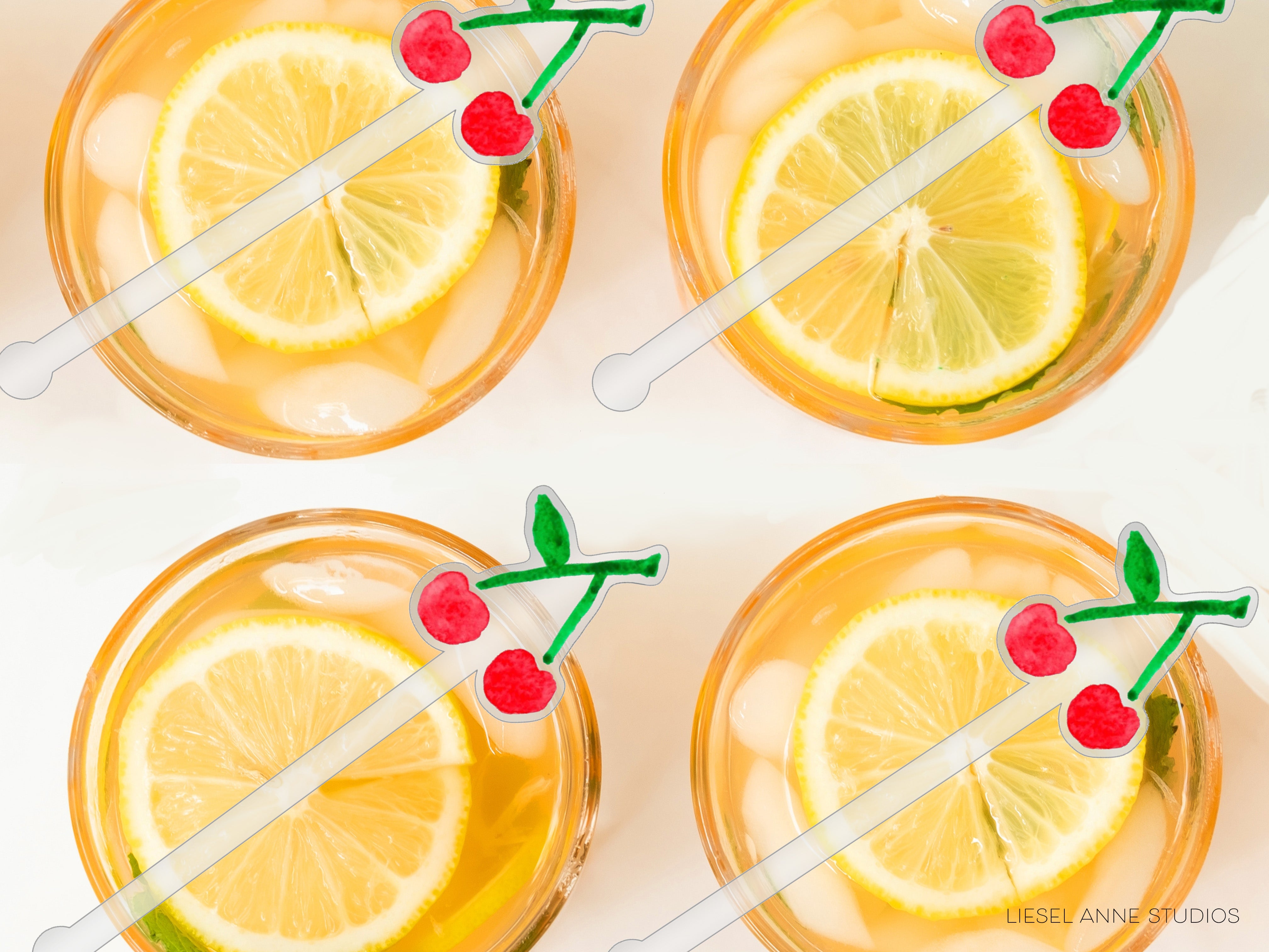 four glasses filled with a yellow liquid, each containing a slice of lemon and a cherry-shaped straw.