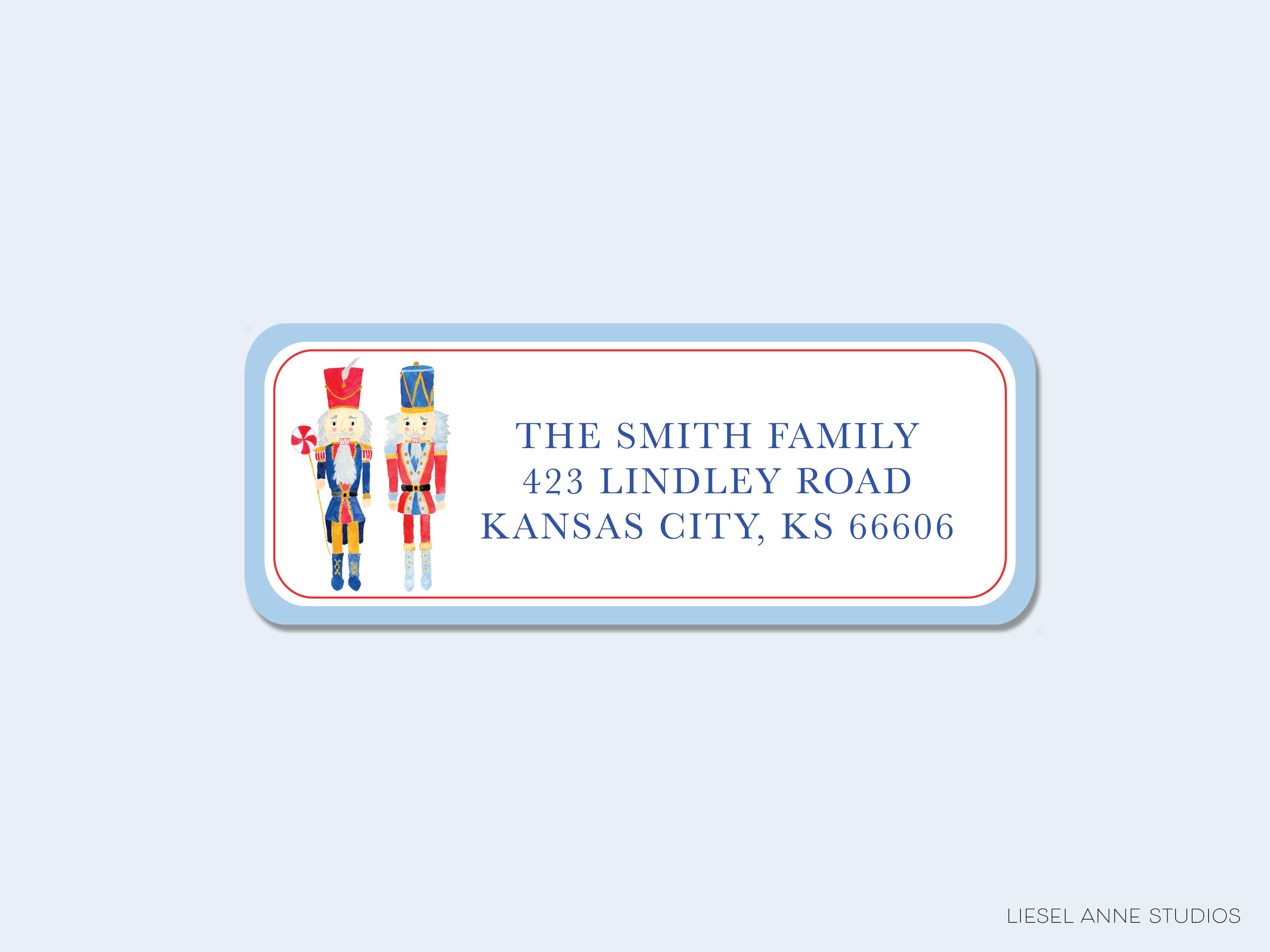 The image is a rectangular address label with a nutcracker and candy cane illustration. The label provides the address "The Smith Family 423 Lindley Road Kansas City, KS 666006".