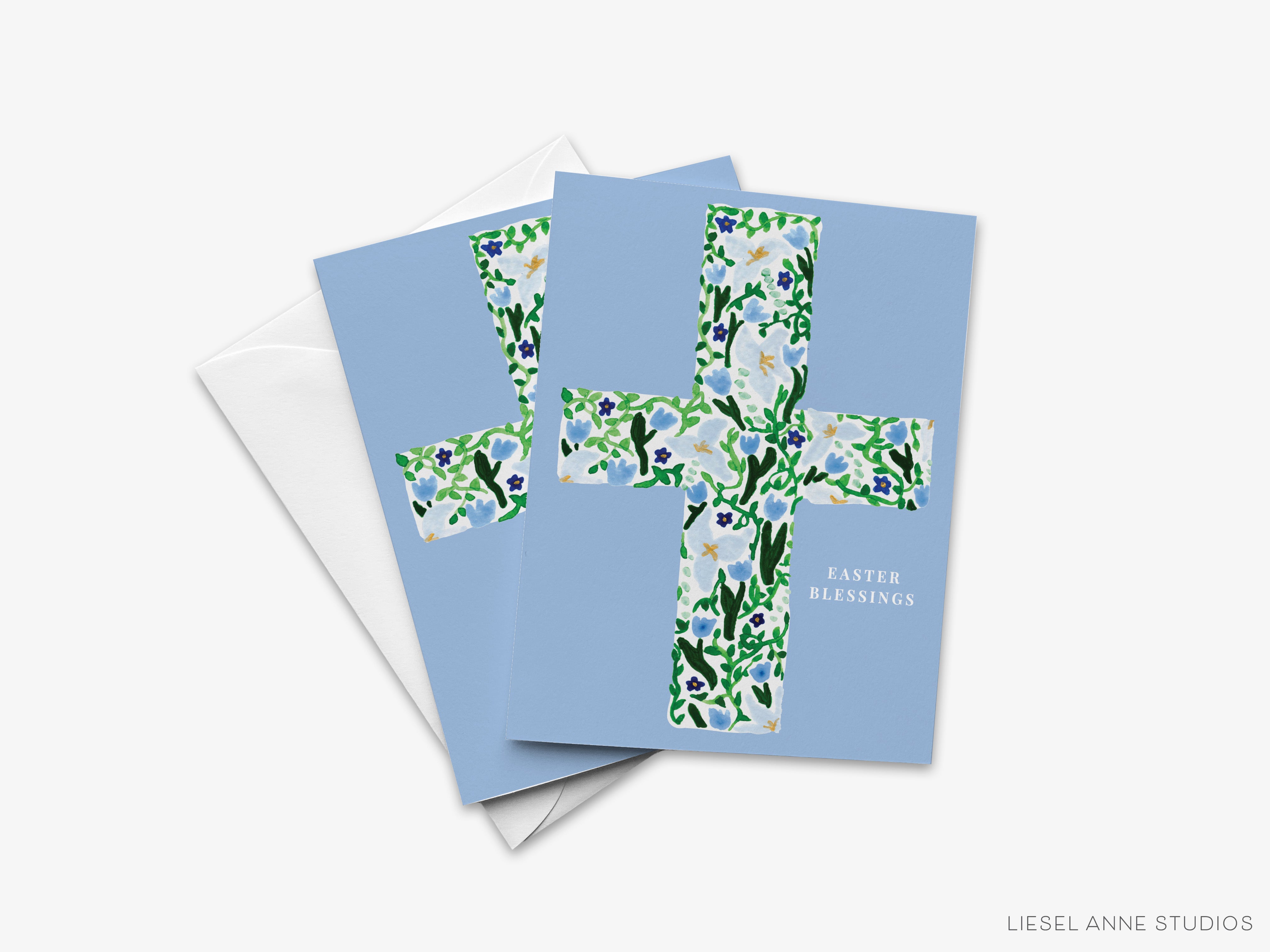 A set of Easter greeting cards with a floral cross design on a light blue background.