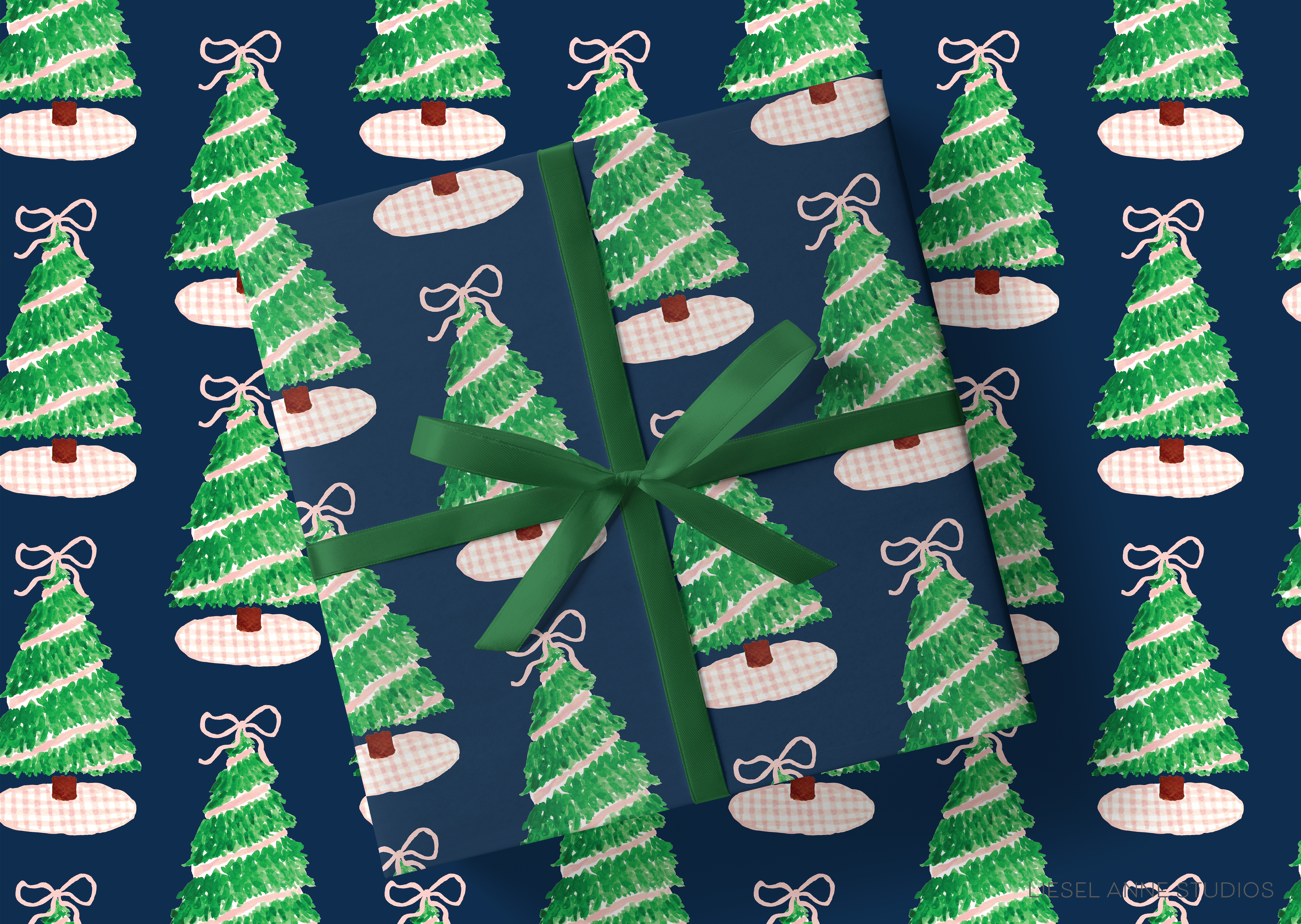 a pattern of Christmas trees with green bows on a dark blue background.