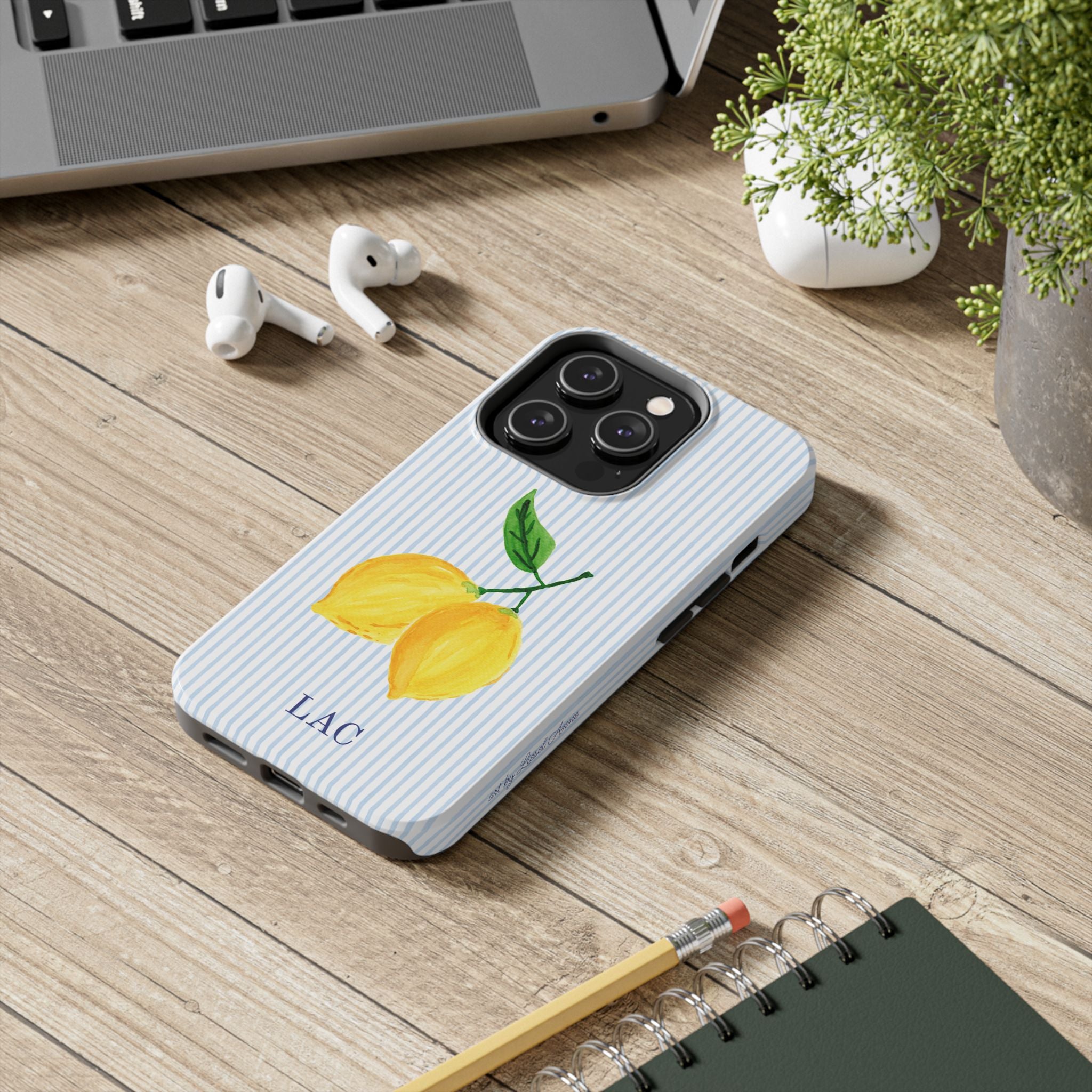 Lemon Stripe Monogrammed Tough Case [iPhone 14 - iPhone 11]