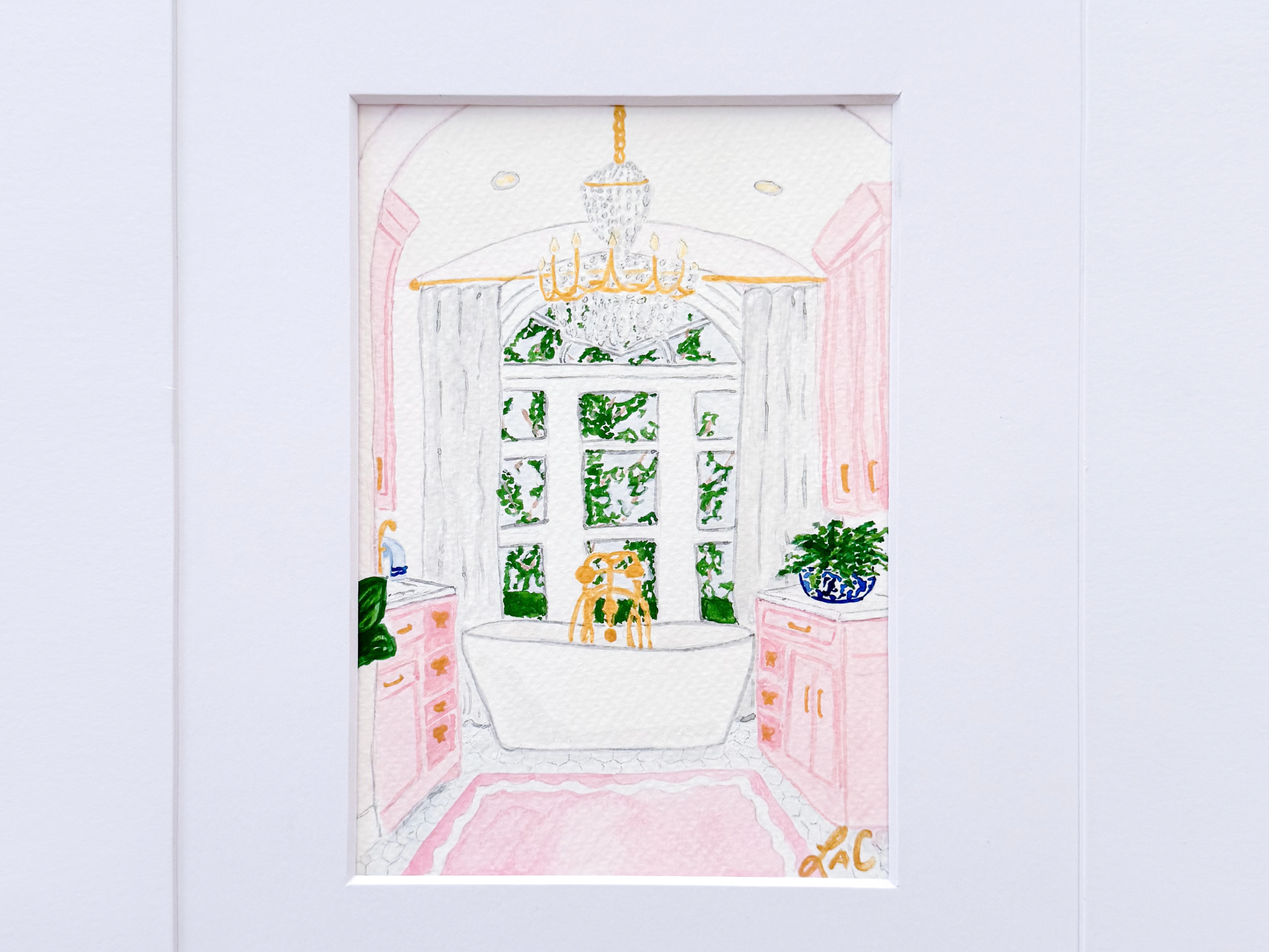 A watercolor painting depicting a bathroom interior with a large window, a chandelier, and a bathtub.