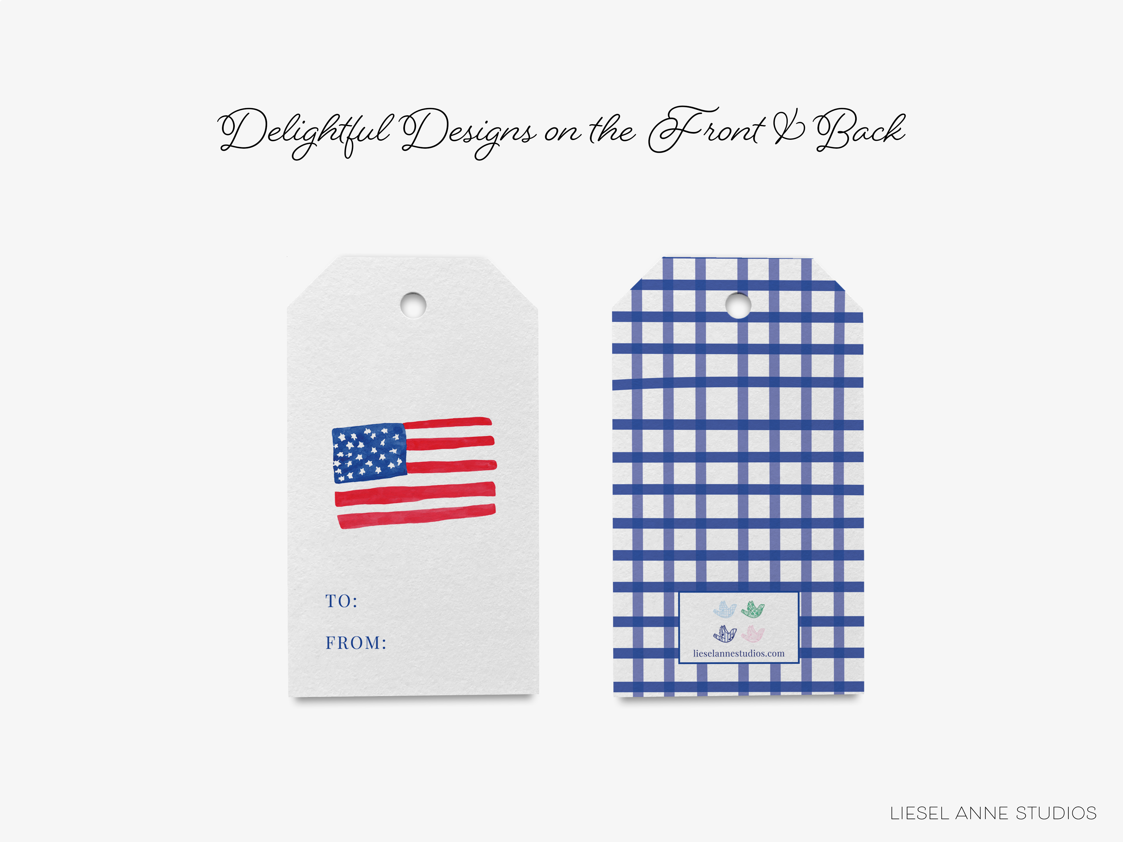 two tags with designs related to the United States, including an American flag and a checkered pattern.