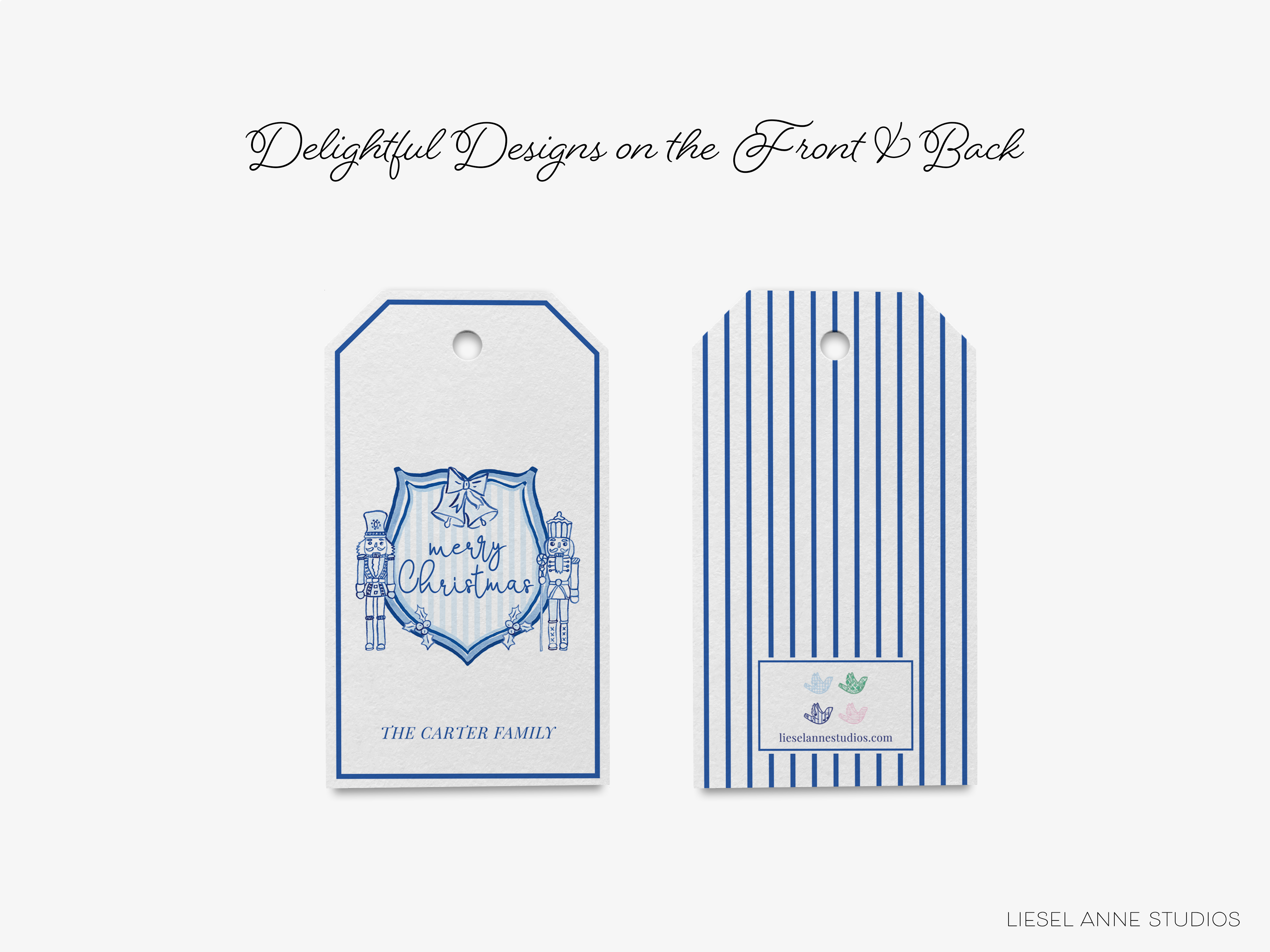 two tags with a festive design, likely for Christmas or a holiday-themed event. The tags are blue and white striped, and they display the text "Merry Christmas" and "THE CARTA FAMILY" along with a website address.
