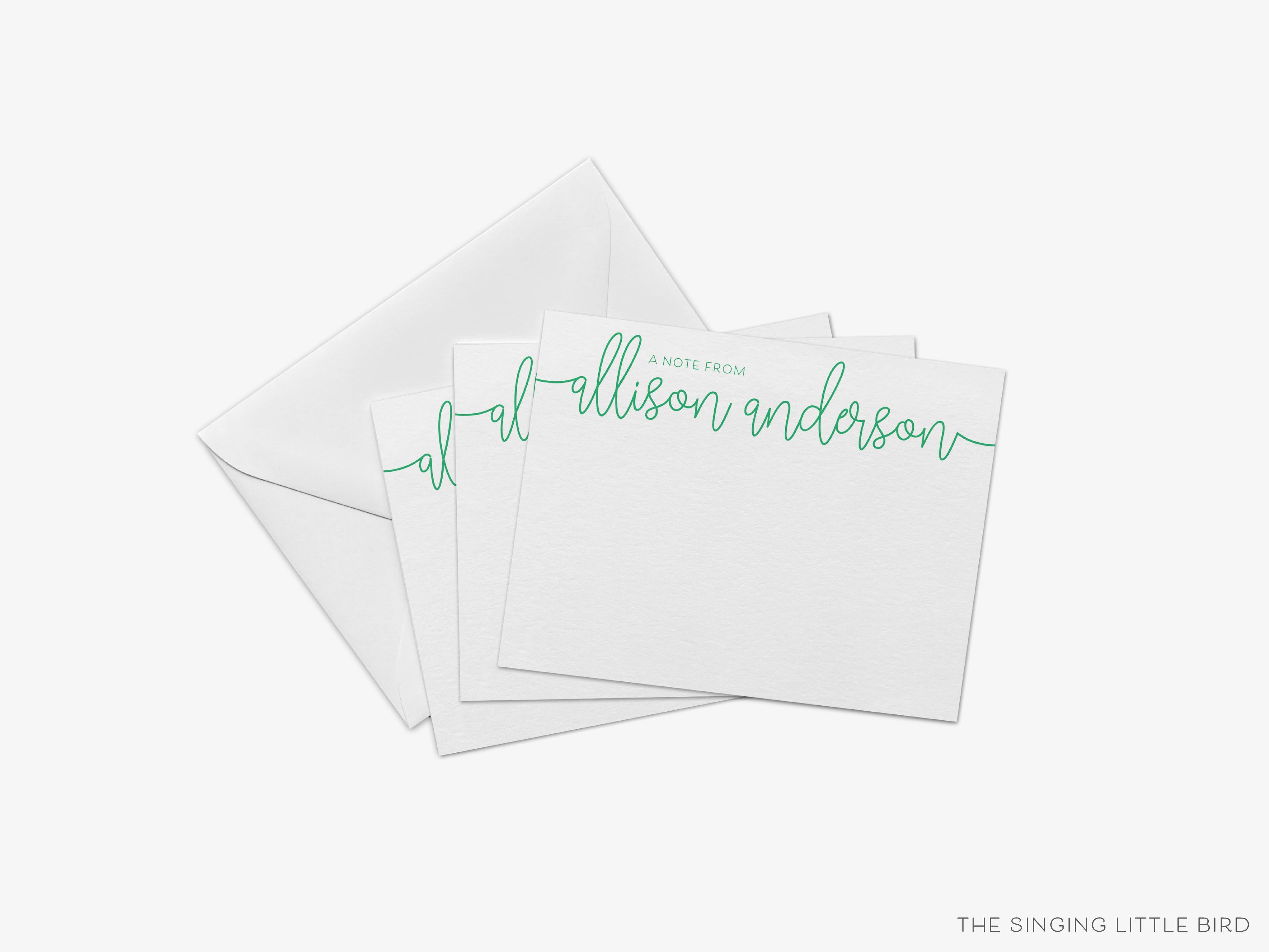 A Note From Script Personalized Flat Notes-These personalized flat notecards are 4.25x5.5 and feature our hand-painted watercolor swash script print, printed in the USA on 120lb textured stock. They come with your choice of envelopes and make great thank yous and gifts for the girly lover in your life.-The Singing Little Bird
