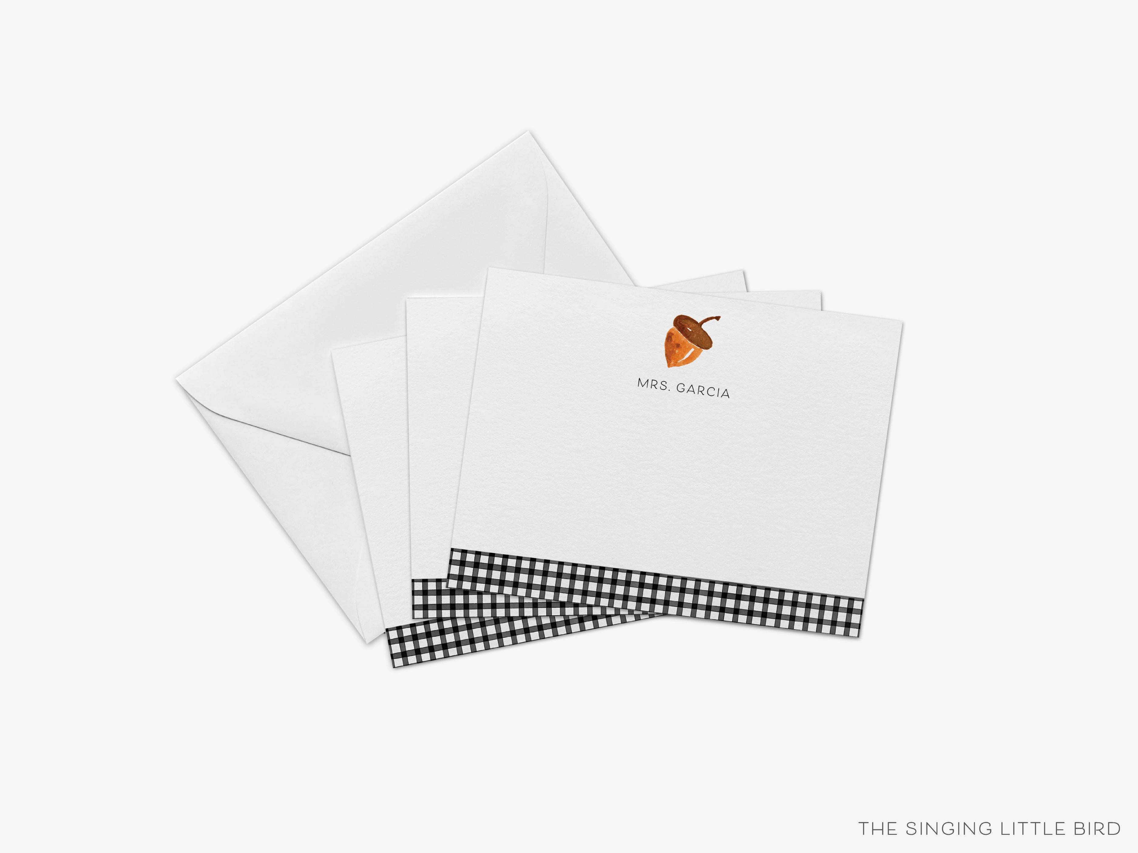 Acorn Flat Notes-These personalized flat notecards are 4.25x5.5 and feature our hand-painted watercolor acorn, printed in the USA on 120lb textured stock. They come with your choice of envelopes and make great thank yous and gifts for the fall season lover in your life.-The Singing Little Bird