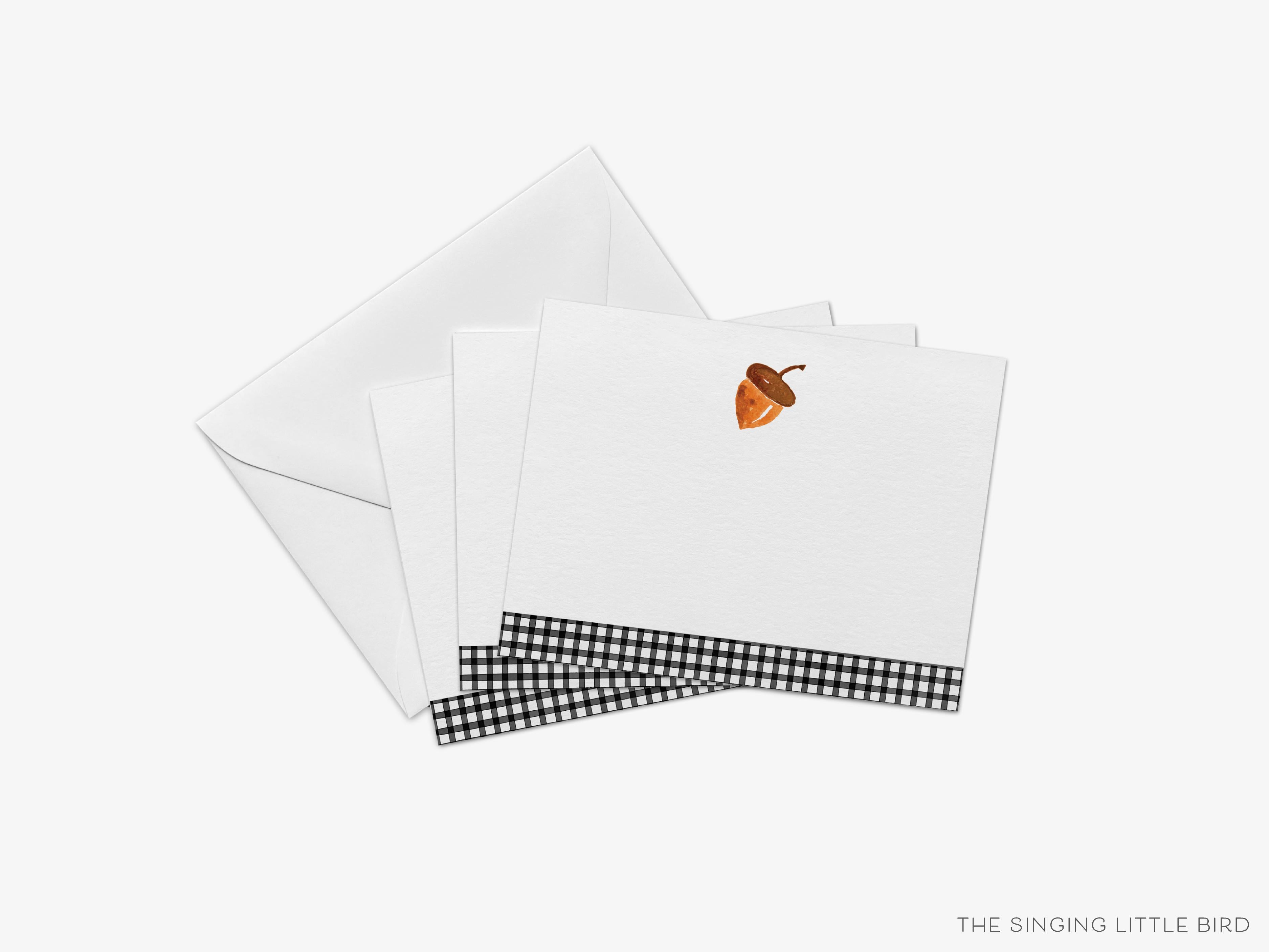 Acorn Flat Notes-These personalized flat notecards are 4.25x5.5 and feature our hand-painted watercolor acorn, printed in the USA on 120lb textured stock. They come with your choice of envelopes and make great thank yous and gifts for the fall season lover in your life.-The Singing Little Bird