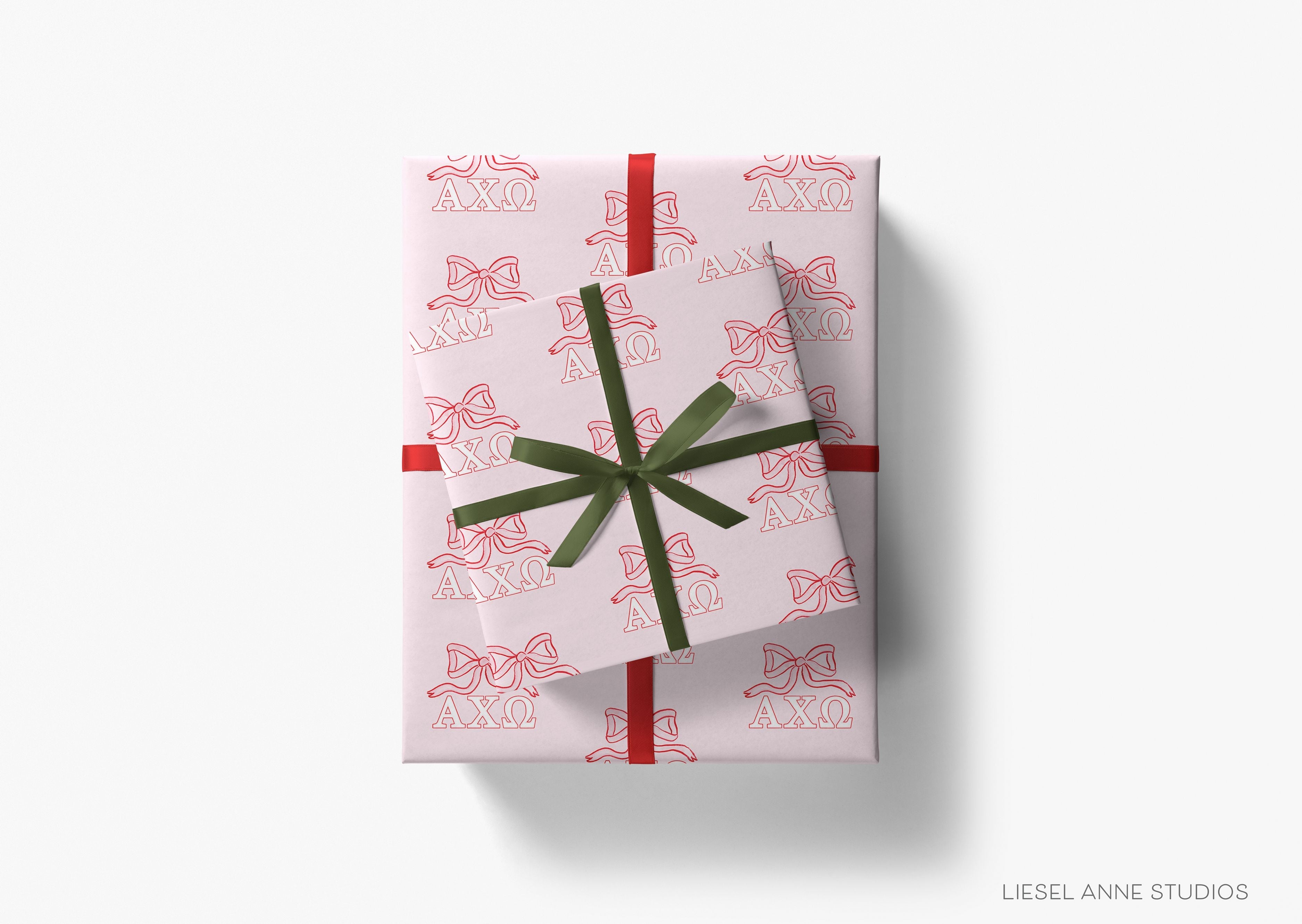 Alpha Chi Omega Pink Bow Gift Wrap-This matte finish gift wrap features our hand-painted watercolor pink and red bows and 
Alpha Chi Omega greek letters. It makes a perfect wrapping paper for any celebration present for an A Chi-O sister. -The Singing Little Bird